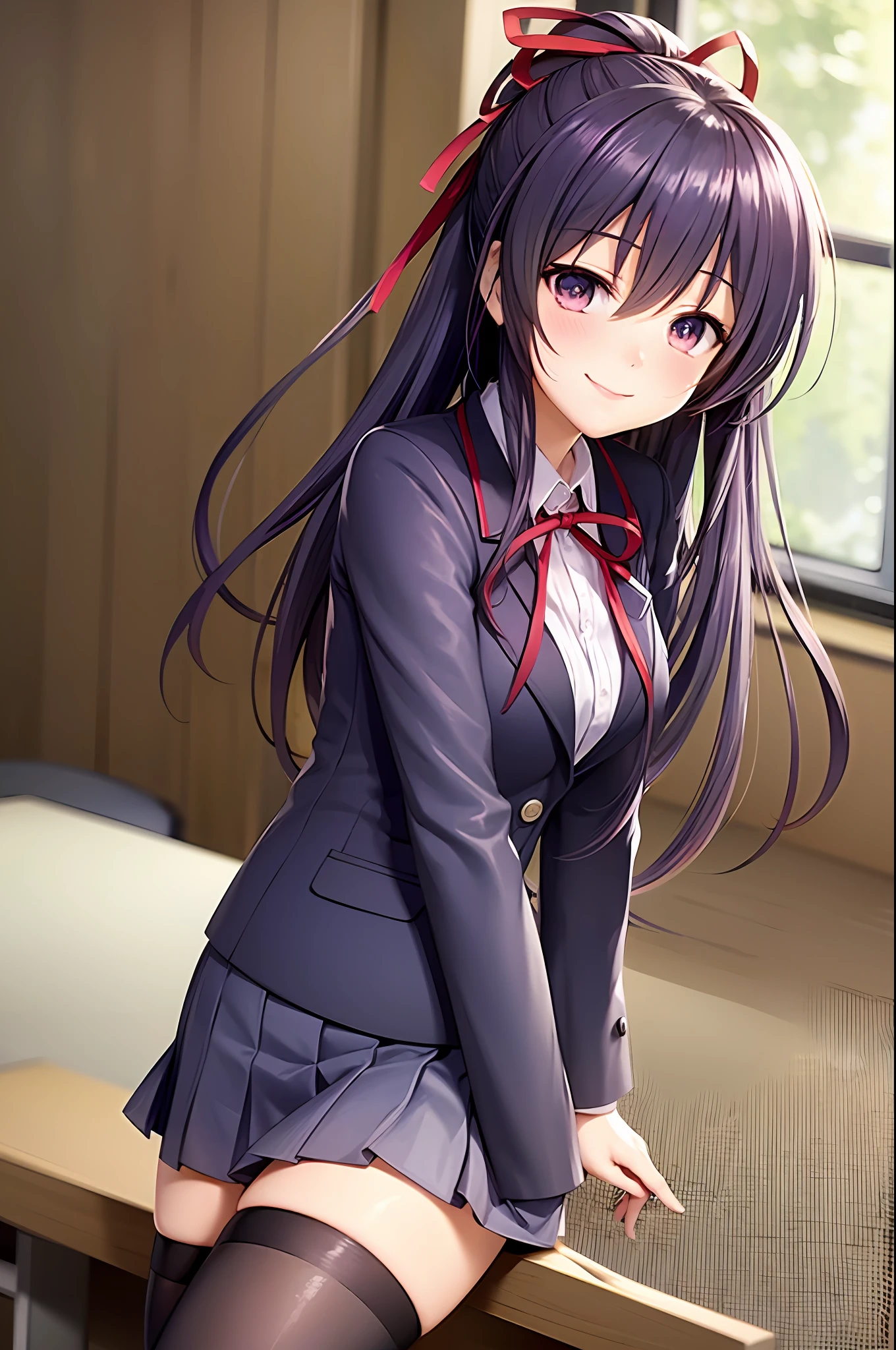 Hachigami Toka, school uniform, blazer,, medium breasts, best quality, long hair, ponytail, red ribbon hair, masterpiece, highlight, best quality, blush, shy smile, sexy pose, interior, chair, classroom, window, pleated skirt, stockings