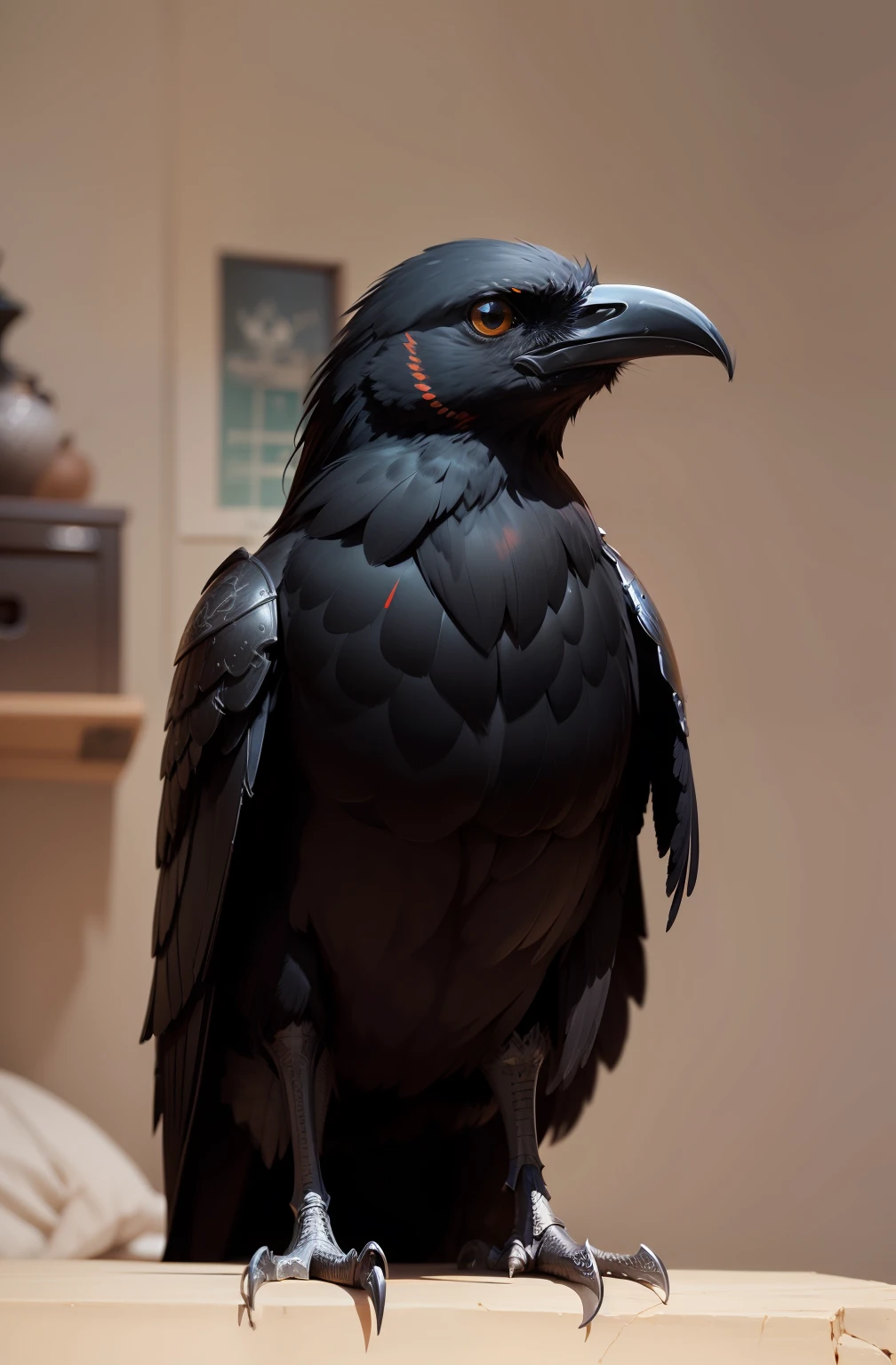 create me a crow using a realistic illuminated silver armor, best quality, 8k, masterpiece --auto