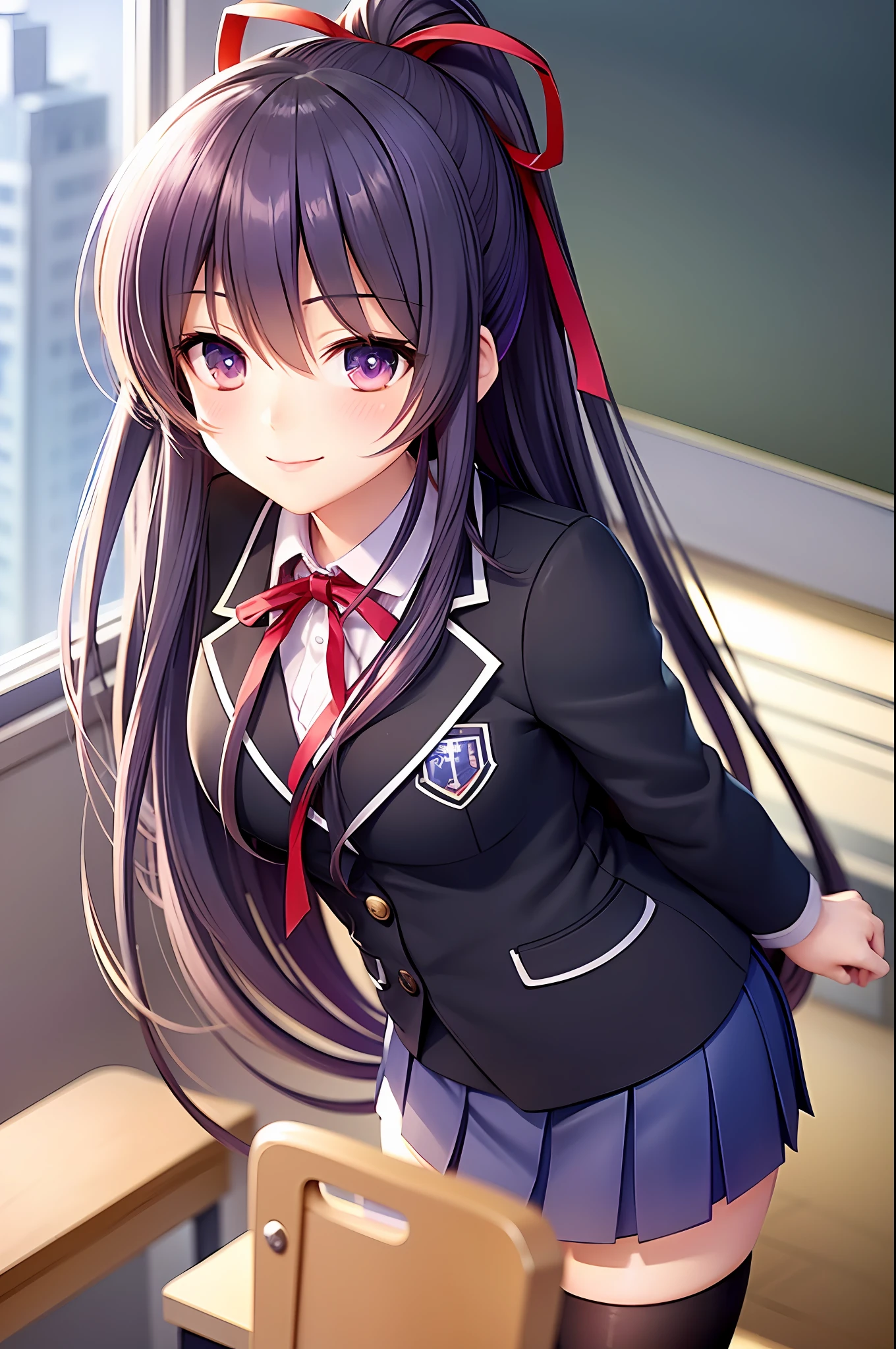 Hachigami Toka, school uniform, blazer,, medium breasts, best quality, long hair, ponytail, red ribbon hair, masterpiece, highlight, best quality, blush, shy smile, sexy pose, interior, chair, classroom, window, pleated skirt, stockings