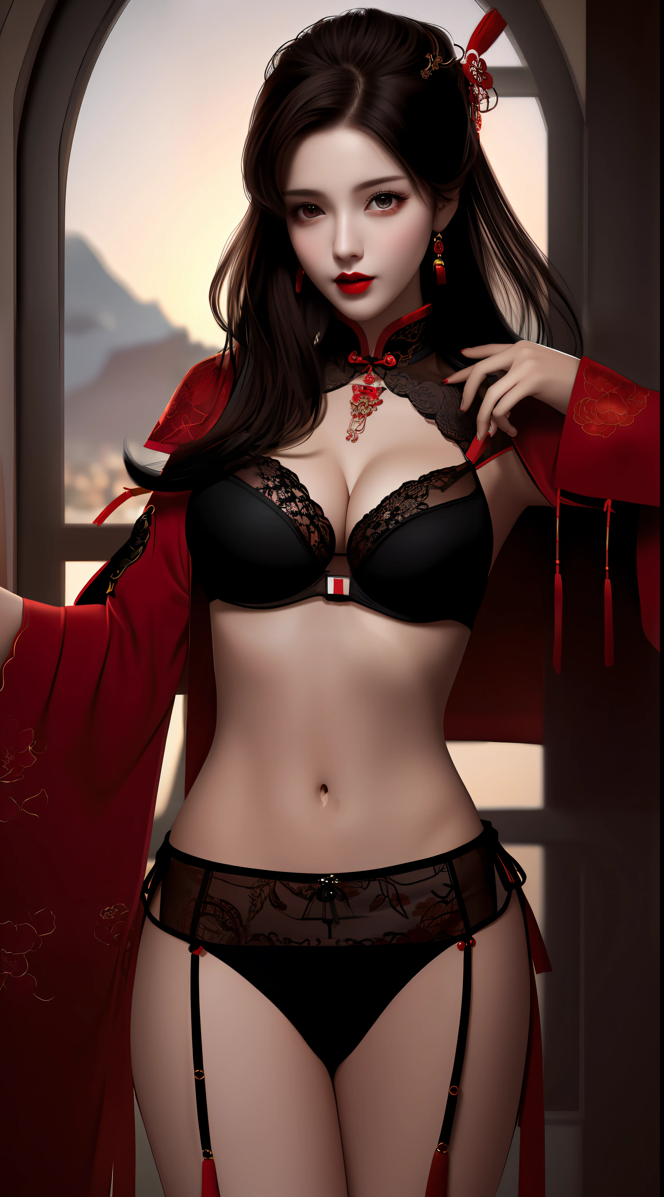 Realistic, 1 girl, see-through chinese armor soft red black, very large breasts, black hair, red lips, detailed eyes , dark backgrou,,Low light, Chinese underwear, best face, Low light landscape, sexy style, royal, Penetration , chinese underwear,bust, Dark background, Detailed face, taken from the belly up, Transparent