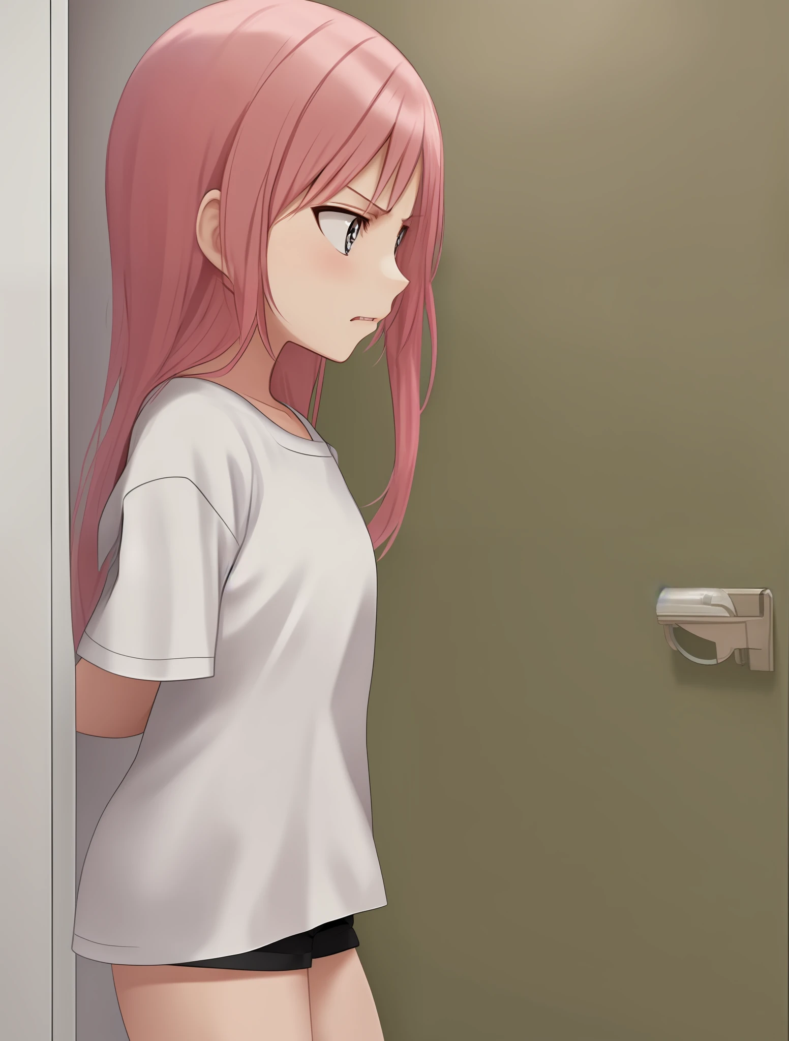 A cute  girl, facing the bathroom door, she seems to be angry, she has pink hair, wears a long white T-shirt and short black shorts, she is seen sideways in the picture, anime moe artstyle