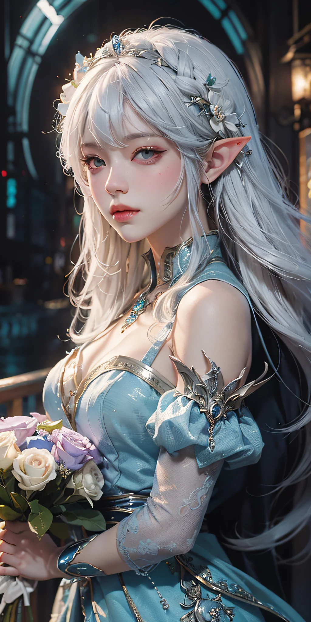 anime girl with white hair and blue dress holding a bouquet, beautiful celestial mage, beautiful character painting, extremely detailed artgerm, beautiful and elegant elf queen, wlop rossdraws, 8k high quality detailed art, fantasy art style, anime fantasy illustration, by Yang J, detailed fantasy art, fanart best artstation, wlop and rossdraws