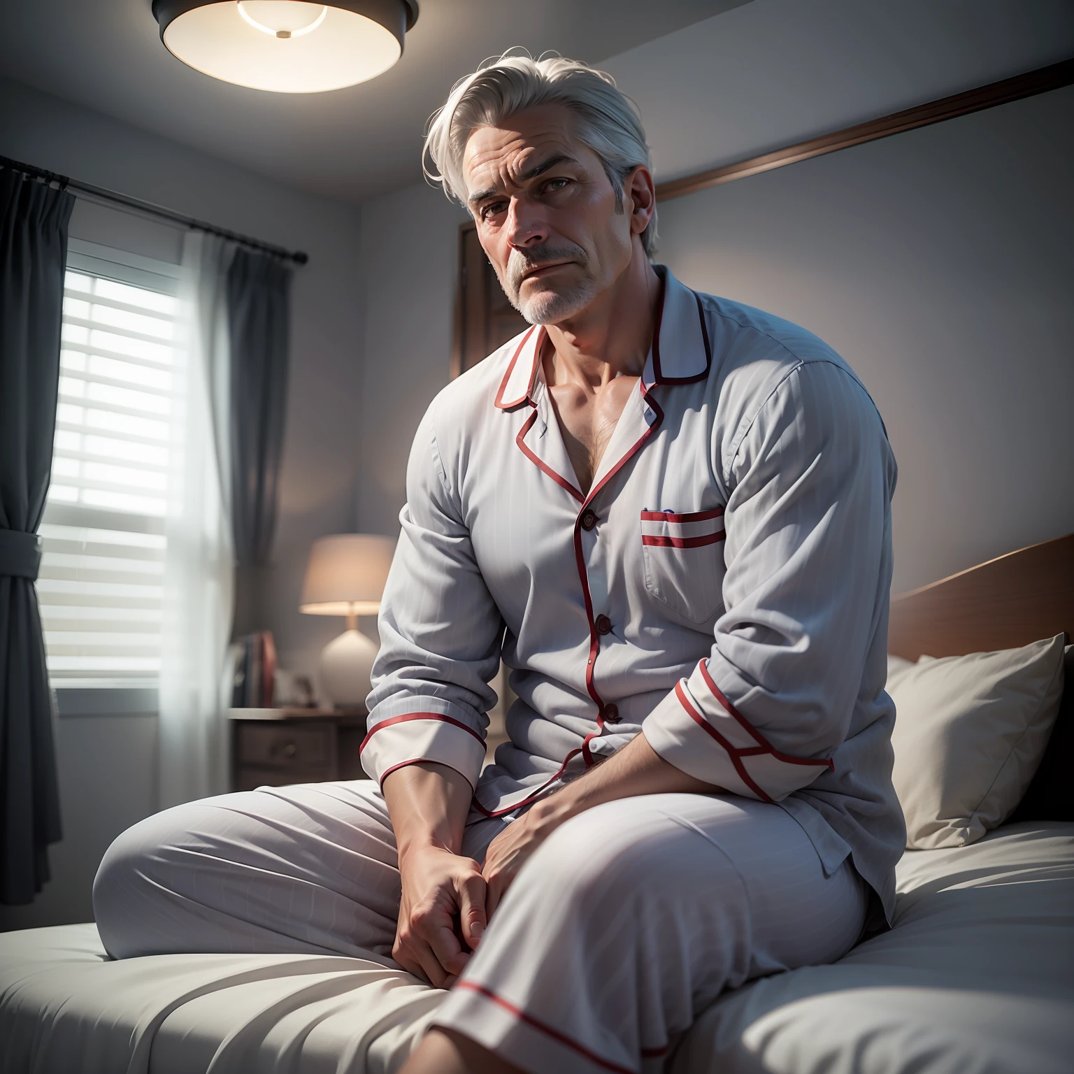 Ultra realistic image of a middle-aged man, gray hair and with entrances, thin, dressed in pajamas, sitting on the bed and scared at night, dark scenery