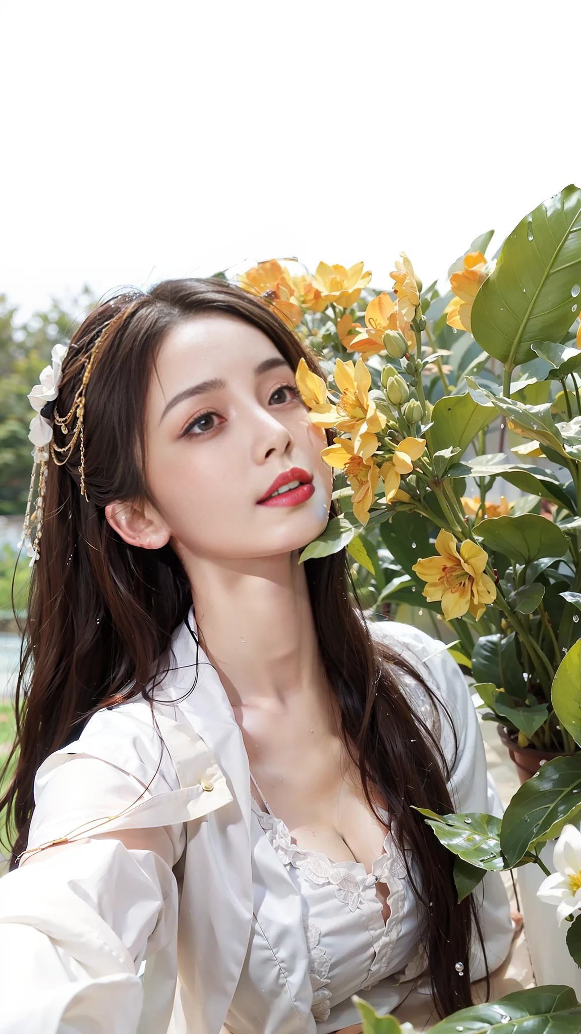 1girl, solo, brunette hair, (blood volume: 1), , full body, (realism: 1.4), official art, unreal 8k wallpaper, super detailed, beautiful aesthetics, masterpiece, best quality, (dynamic angle: 1.4), elegant, bright colors, romantic, sexy, transparent, see-through, Chinese Hanfu, bare breast, (transparent skirt), barefoot, (wet), (see-through), (big breasts, cleavage), (massage stick in hand), seduction, (open legs), pubic hair