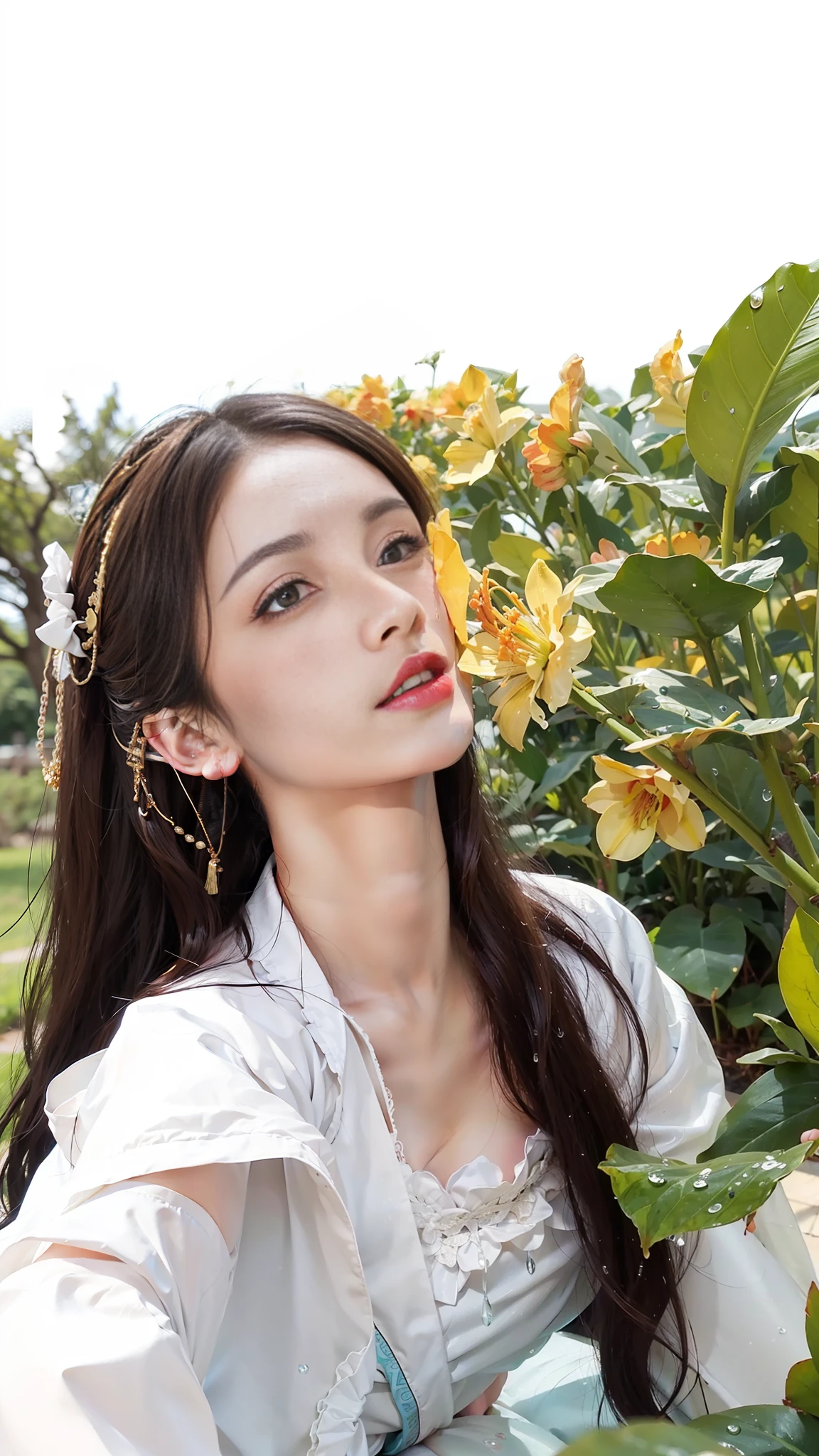 1girl, solo, brunette hair, (blood volume: 1), , full body, (realism: 1.4), official art, unreal 8k wallpaper, super detailed, beautiful aesthetics, masterpiece, best quality, (dynamic angle: 1.4), elegant, bright colors, romantic, sexy, transparent, see-through, Chinese Hanfu, bare breast, (transparent skirt), barefoot, (wet), (see-through), (big breasts, cleavage), (massage stick in hand), seduction, (open legs), pubic hair