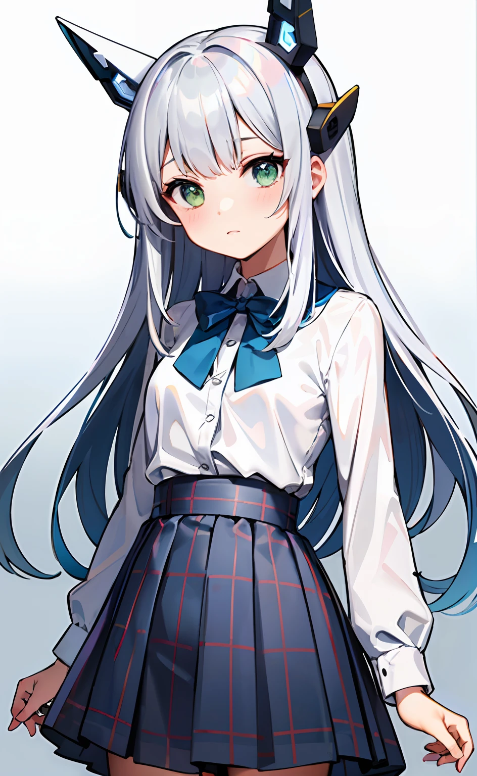 1girl, (masterpiece:1.1), (best quality:1.1), (white blouse:1.1), (plaid skirt:1.1), school uniform, high waist skirt, BREAK [blue:pink:0.5] theme, (gradient background:1.1 ), cowboy shot, BREAK silver hair, long hair,, green eyes, delicate headgear, looking sideways,