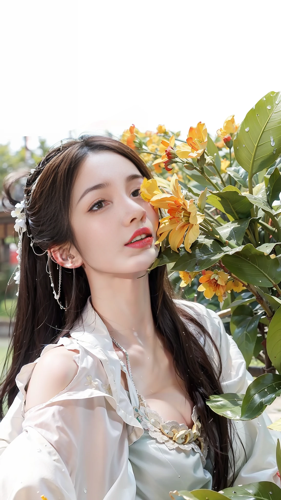 1girl, solo, brunette hair, (blood volume: 1), , full body, (realism: 1.4), official art, unreal 8k wallpaper, super detailed, beautiful aesthetics, masterpiece, best quality, (dynamic angle: 1.4), elegant, bright colors, romantic, sexy, transparent, see-through, Chinese Hanfu, bare breast, (transparent skirt), barefoot, (wet), (see-through), (big breasts, cleavage), (massage stick in hand), seduction, (open legs), pubic hair