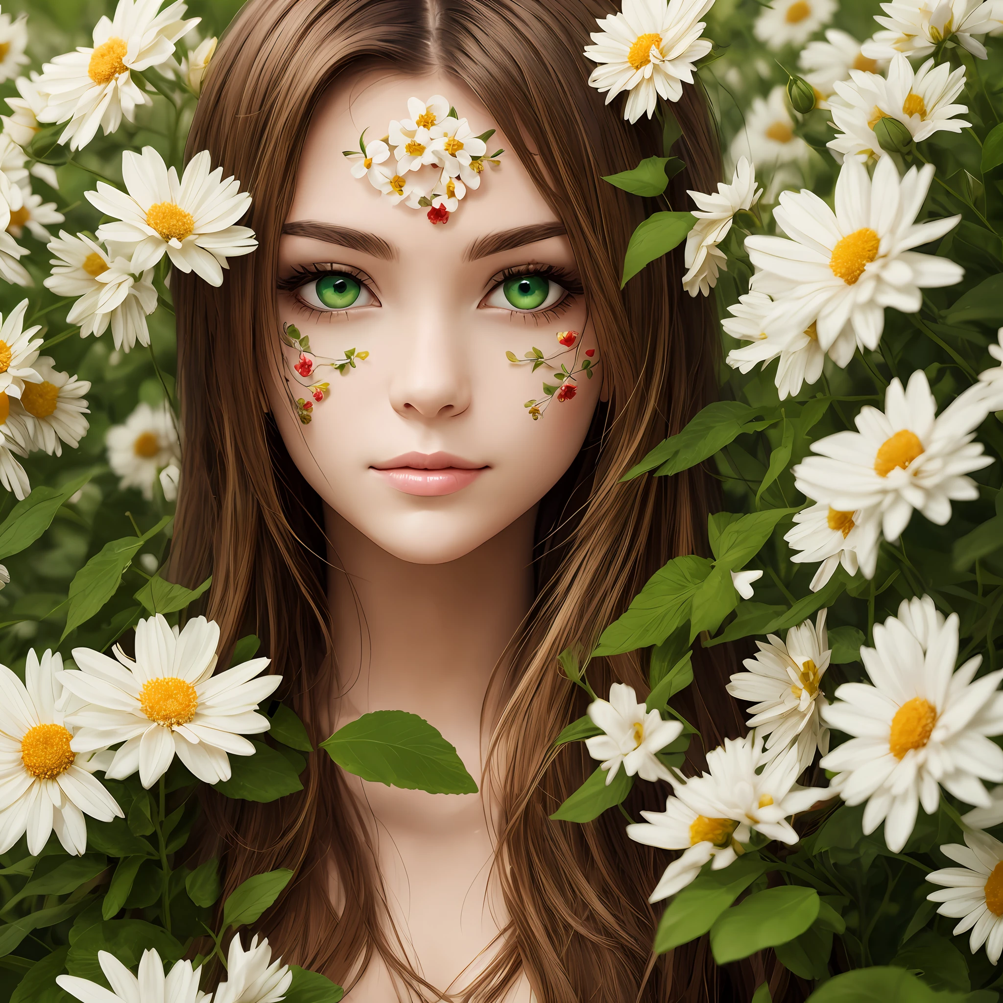 Woman hair soon blonde, green eyes, with flowers on her face, whole body covered with flowers, harmonic image of nature --auto