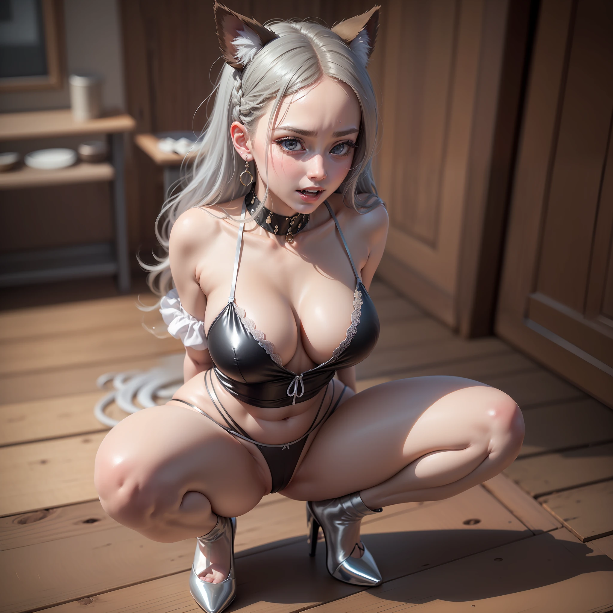 Brunette hair, hair bubbles, cringe, long eyelashes, solid round eyes, fake animal ears, light smile, ear blush, fangs, a woman, squatting on a table, legs apart, panties presented, hands behind back, thong , silver slip dress, chest open, big tits, erect breasts, braids, empty eyes, become pale, expressionless, unconscious, drooling, surrealism, shadow, relief, diorama tachi-e, pov, atmospheric perspective, cinematic lighting, 8K, SUPER DETAIL, ccurate, best quality, textured skin, super detail, high quality, high resolution, 8K