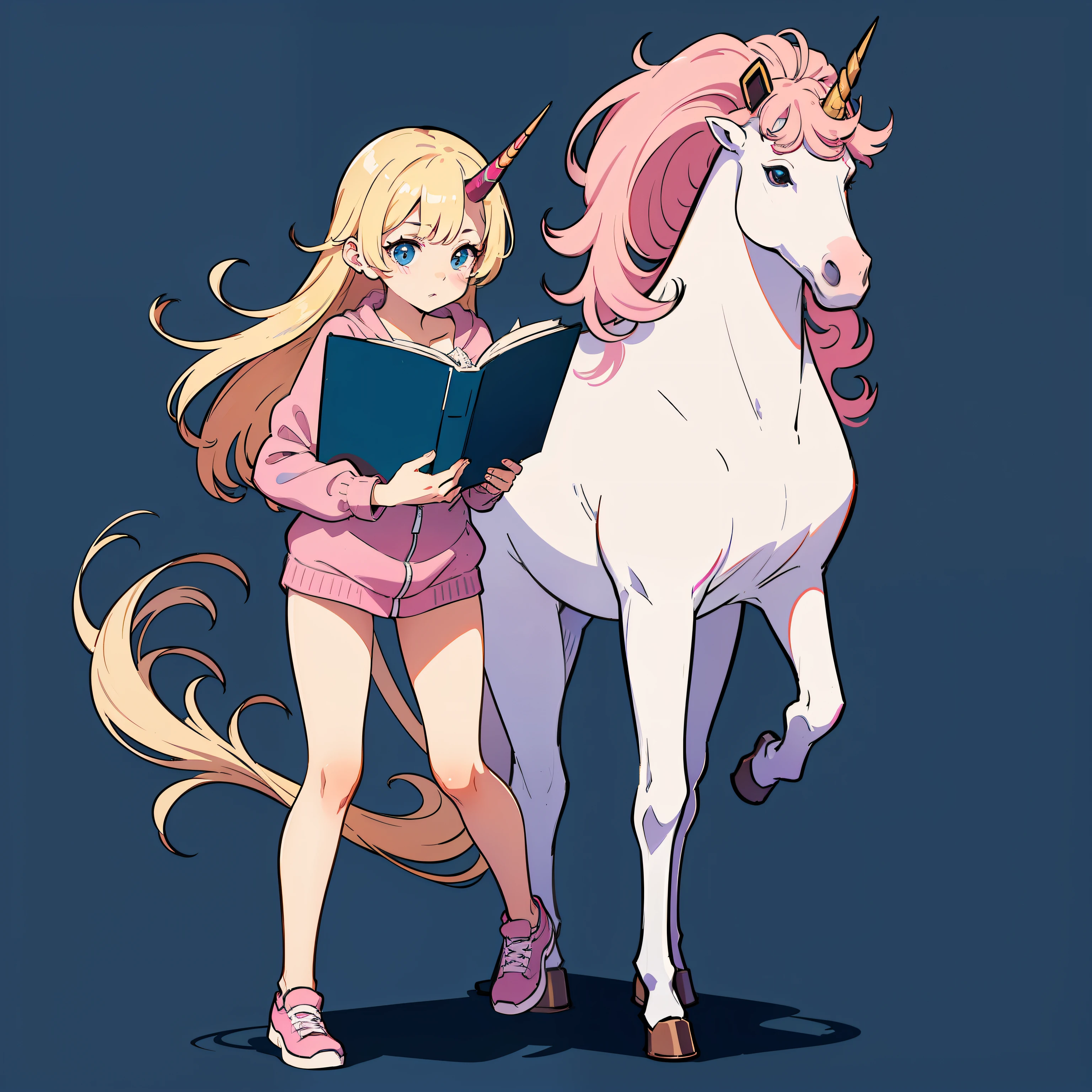 two cute unicorn, one horn, pink, blue, simple background, stand on two legs, read a book --auto