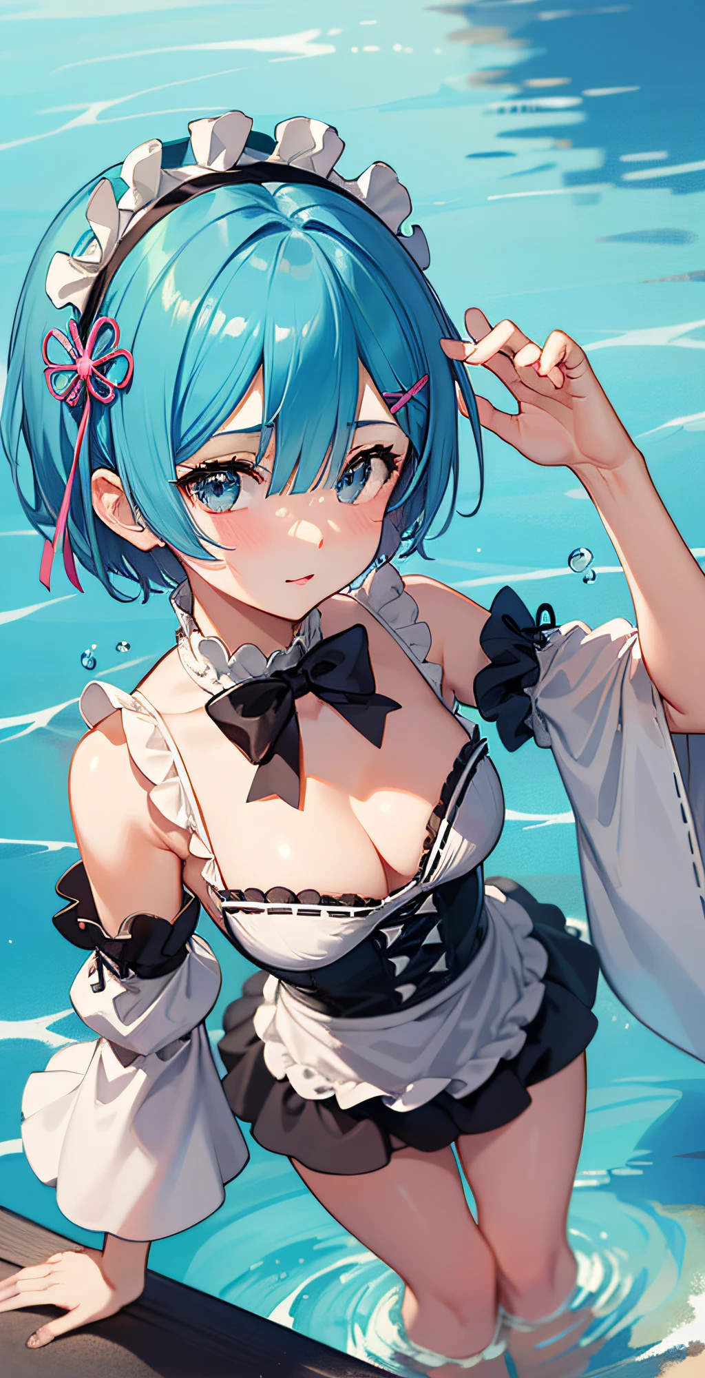 (masterpiece, best quality;1.3), ultra detailed, ooking at viewer,
rem_re_zero, Facial close-up,blue hair, short hair, maid uniform, hair ornament, cleavage, maid headdress, detached sleeves, masterpiece, top quality, best quality, 1 little girl, swimsuit party, in the water,fish,watermelon,cute style, perfect structure, summer theme,