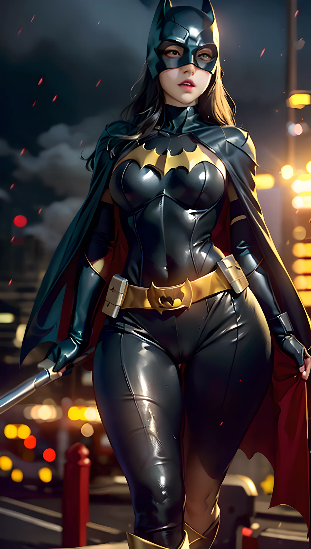 ultra realistic 8k cg, picture-perfect face, flawless, clean, masterpiece, professional artwork, famous artwork, cinematic lighting, cinematic bloom, perfect face, beautiful face, beautiful eyes, ((perfect female body, narrow waist, huge breasts)),absurdly long hair, very long hair, pattern, sexy, charming, alluring, jim lee,1girl, (batman uniform: bat signal, batman utility belt, cape, city, cloud, cloudy sky, gloves, lens flare), ((batgirl mask)), night, outdoors, rain , serious, sky, solo, spotlight, (superhero) , thick thighs, thighs, batgirl black boots, black leggings batgirl, seductive, erotic, enchanting, areola_slip, ( background with depth, blurred background), (masterpiece: 1.2) looking at viewer, blush, very detailed, (PureErosFace_V1:0.7), (cameltoe:1.2), (hourglass figure) , (ulzzang-6500- v1. 1:0.6), starry,starlight,night,