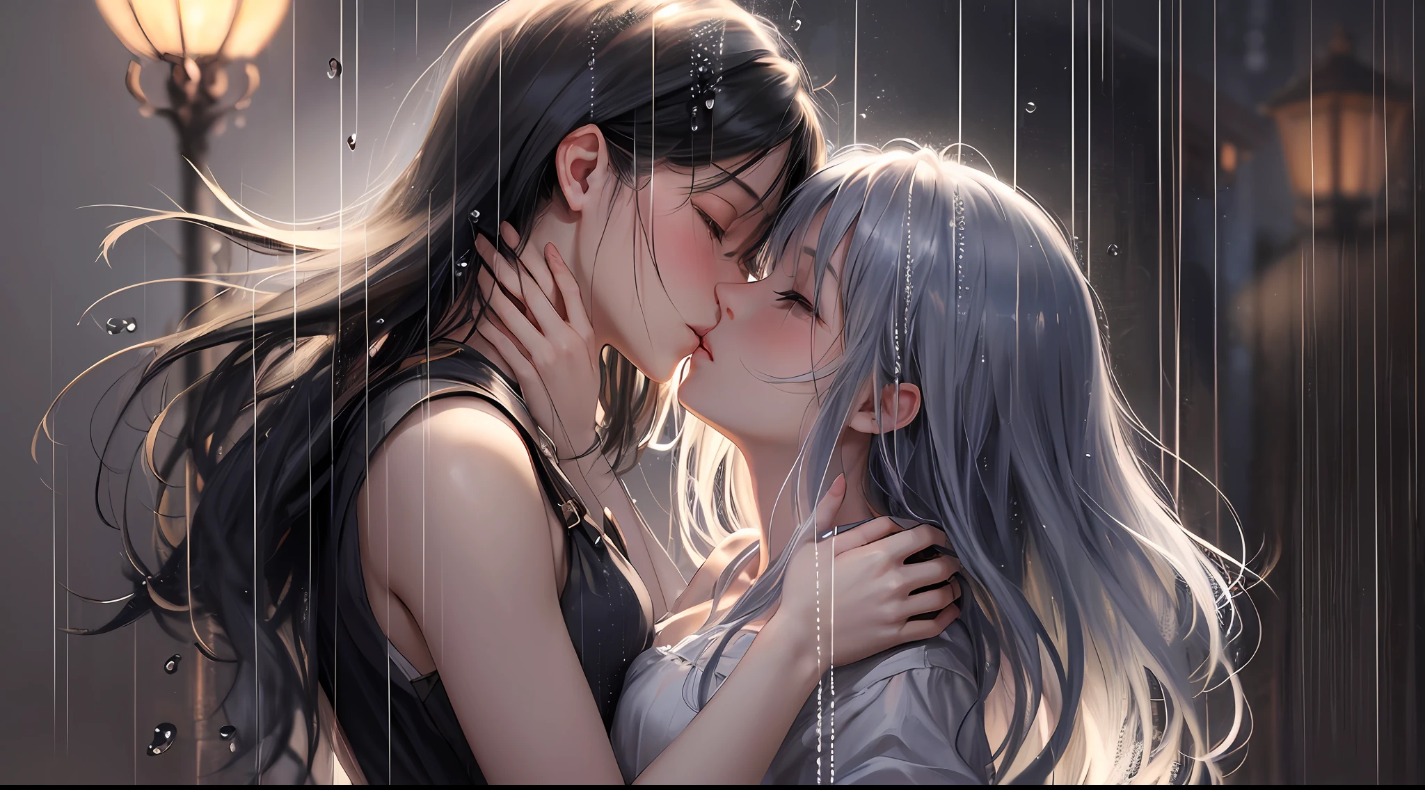 An upper-body portrait capturing a romantic and enchanting moment of a girl and a boy kissing in the rain. The raindrops cascade around them, adding a touch of magic and serenity to the scene. Their faces are partially obscured by the rain, creating a sense of intimacy and privacy. The girl's arms wrap gently around the boy's neck, drawing them closer together in a tender embrace. The overall composition exudes a sense of romance and beauty, as their connection transcends the world around them. The style is executed with soft brushstrokes and a warm color palette, emphasizing the emotional depth and the ethereal atmosphere of the moment.