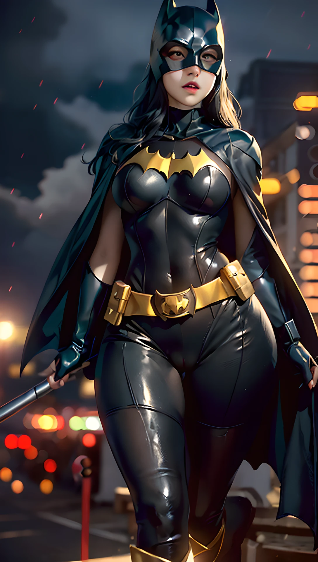 ultra realistic 8k cg, picture-perfect face, flawless, clean, masterpiece, professional artwork, famous artwork, cinematic lighting, cinematic bloom, perfect face, beautiful face, beautiful eyes, ((perfect female body, narrow waist, huge breasts)),absurdly long hair, very long hair, pattern, sexy, charming, alluring, jim lee,1girl, (batman uniform: bat signal, batman utility belt, cape, city, cloud, cloudy sky, gloves, lens flare), ((batgirl mask)), night, outdoors, rain , serious, sky, solo, spotlight, (superhero) , thick thighs, thighs, batgirl black boots, black leggings batgirl, seductive, erotic, enchanting, areola_slip, ( background with depth, blurred background), (masterpiece: 1.2) looking at viewer, blush, very detailed, (PureErosFace_V1:0.7), (cameltoe:1.2), (hourglass figure) , (ulzzang-6500- v1. 1:0.6), starry,starlight,night,