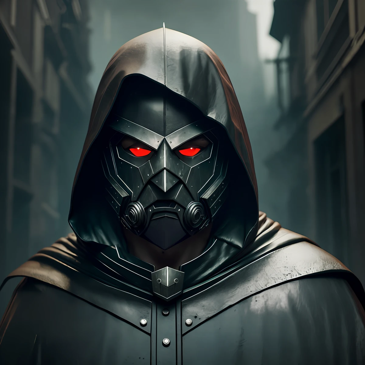 (assassin), (wearing a full cloak), dark blue cloak, ((wearing full mask))), (kraken style mask tentacles), metallic mask, green light eyes, ((realistic)),
