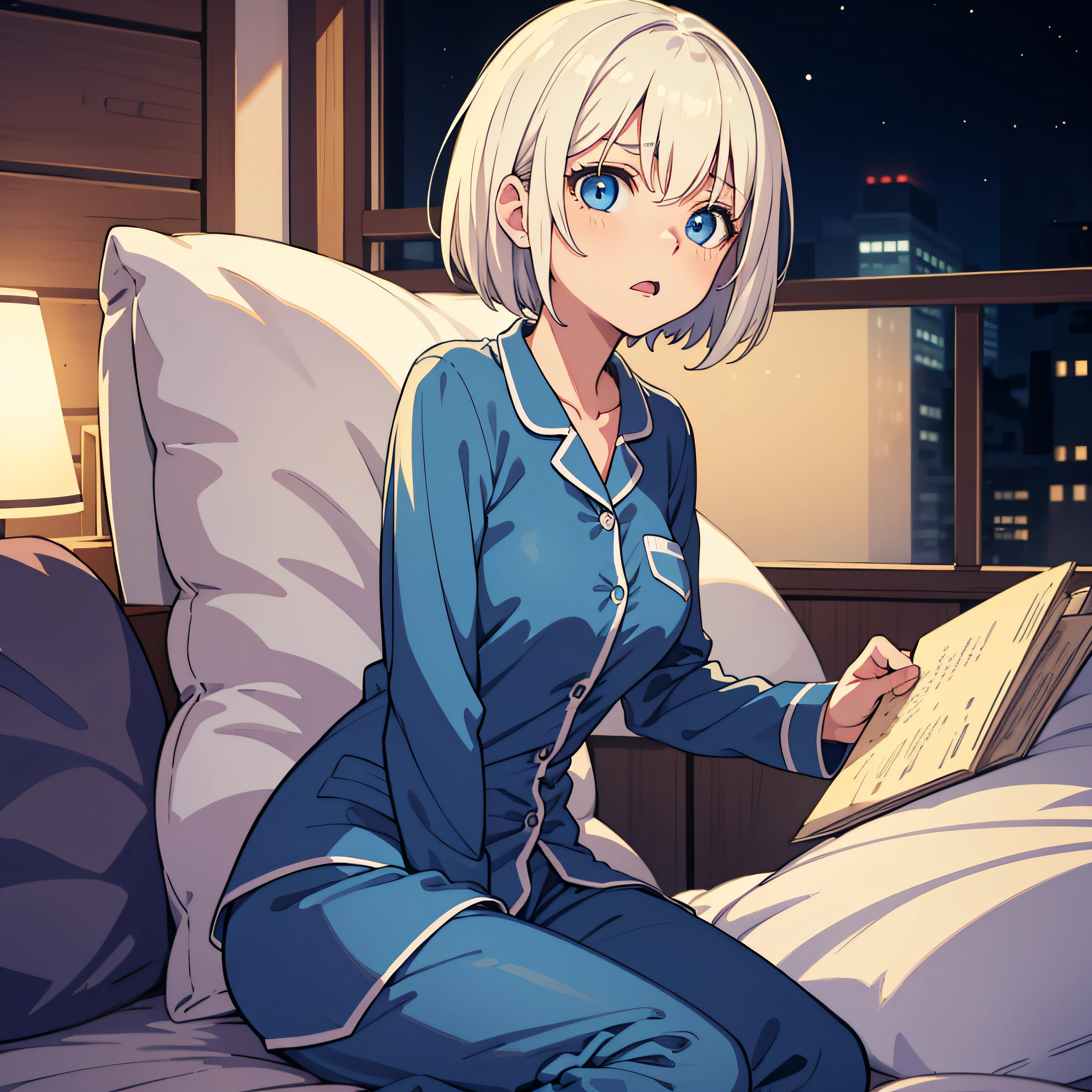 lone girl, masterpiece, best quality, 1girl, platinum blonde hair, short hair, blue eyes, perky breasts,night, pajamas, startled face, figure on bed, oversleeping, waking up