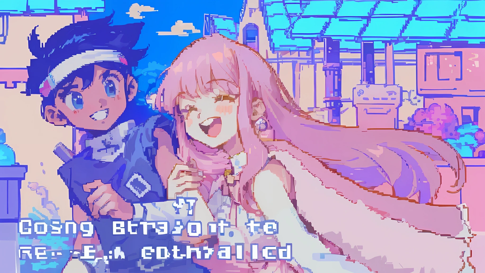 a close up of a cartoon character with a girl and a boy, very aesthetic!!!!!!!!!!!!!!!, very aesthetic!!!!!!, an retro anime image, 9 0 s anime aesthetic, /r/pixelart, lo fi, lofi aesthetic, shining pink dress