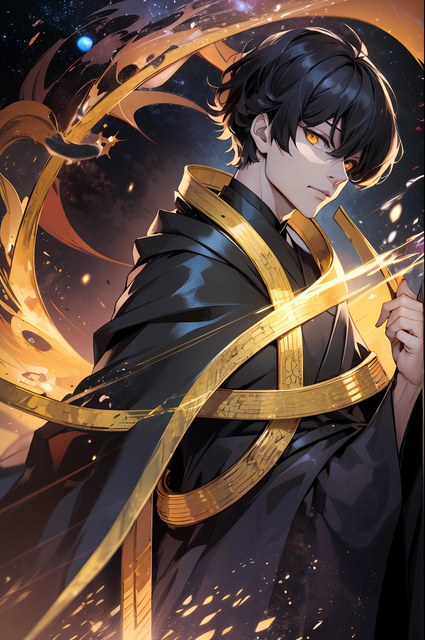 Tall young god, wearing a black robe, with black smoke all around, black hair that seems to be coming forward, bright yellow eyes, with a dark mystical aura, shadows and darkness, cosmic aura, with black crystals all around