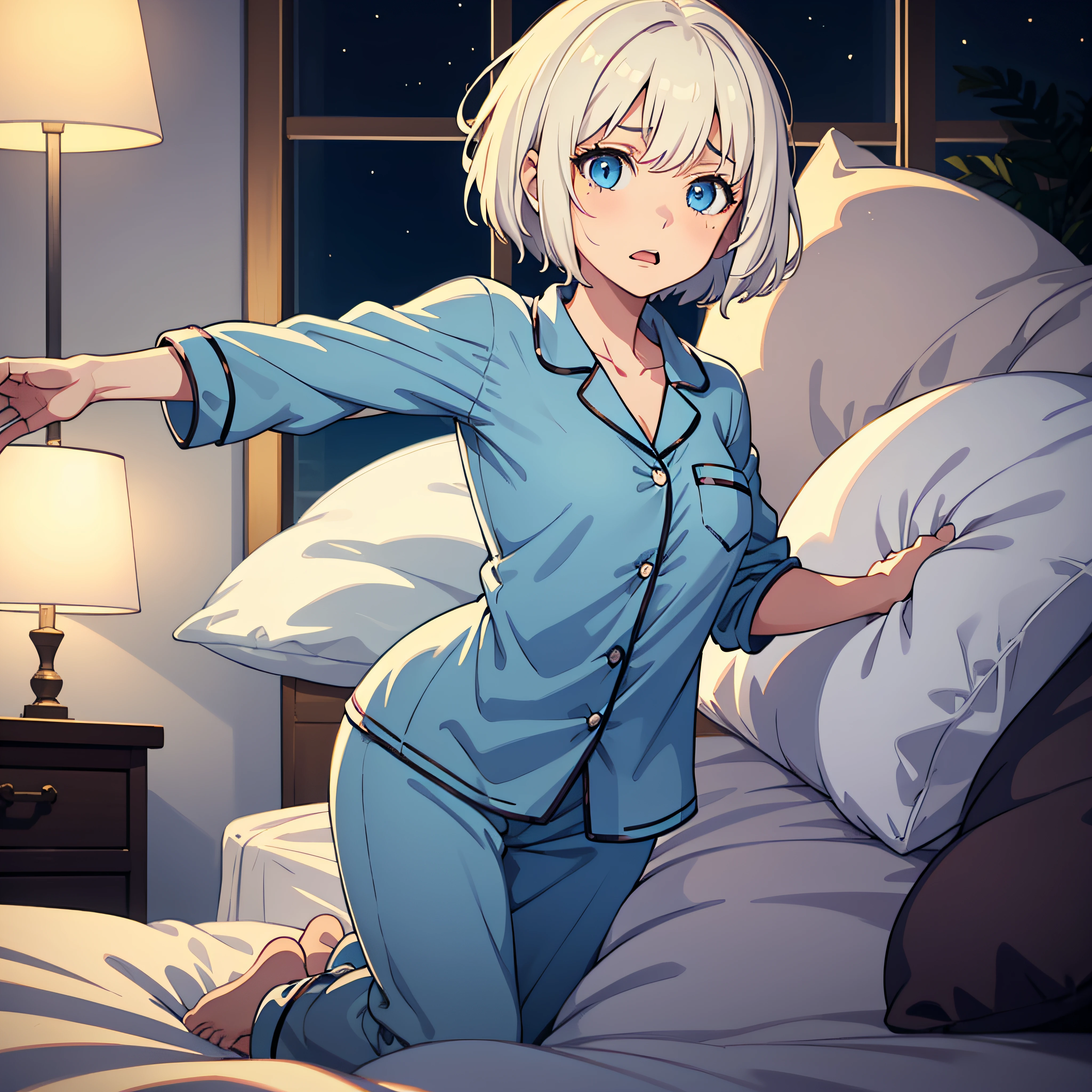 lone girl, masterpiece, best quality, 1girl, platinum blonde hair, short hair, blue eyes, perky breasts,night, pajamas, startled face, figure on bed, oversleeping, waking up