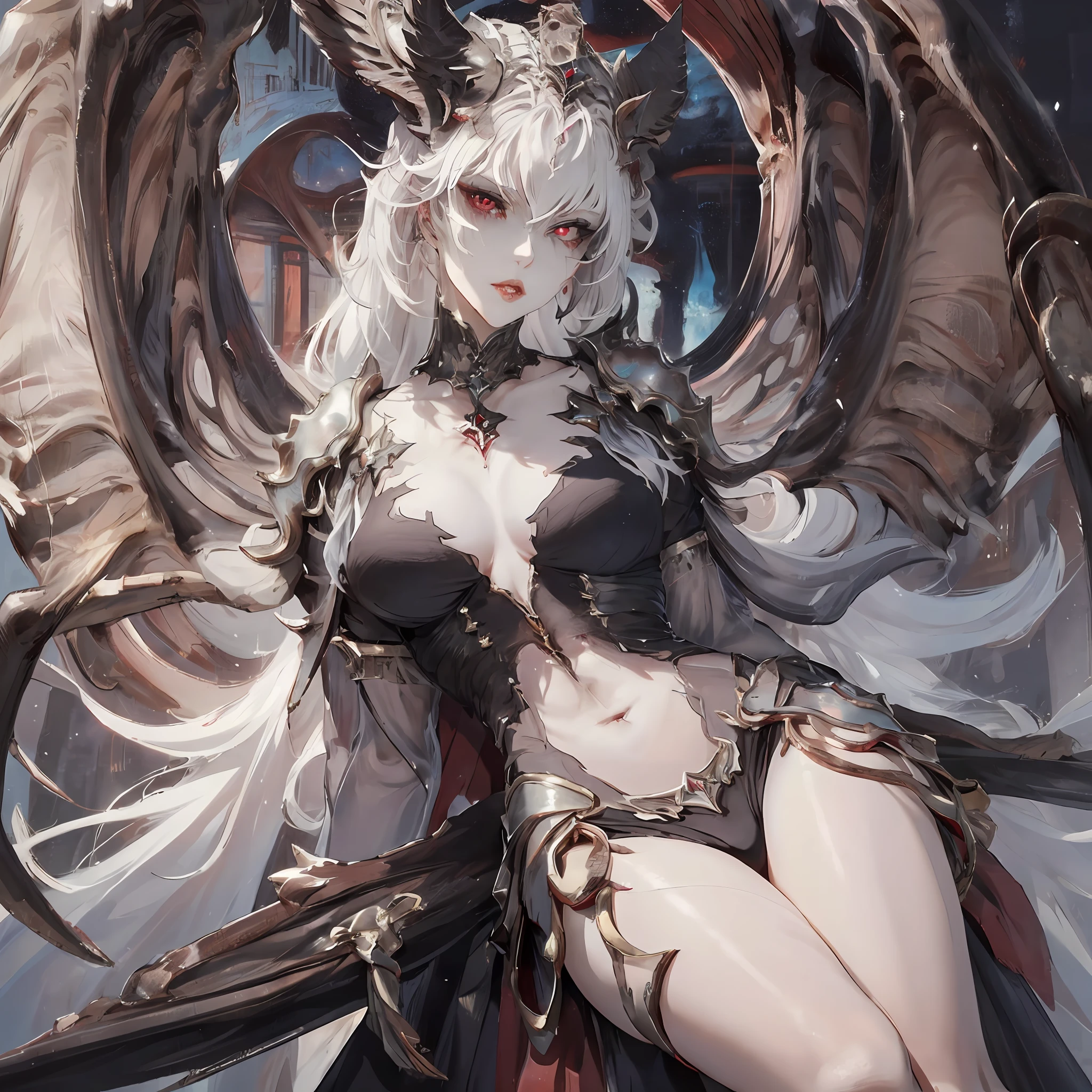 masterpiece, best quality, 1woman, adult, female focus, solo, light white hair, long hair, vibrant red eyes, black sclera, looking at viewer, closed mouth, bangs, Fantasy aesthetics, Highly detailed, shadowverse style, full body, raven winged female goddess, beautiful goddess, epic exquisite character art, beautiful elegant goddess, goddess, pale skin