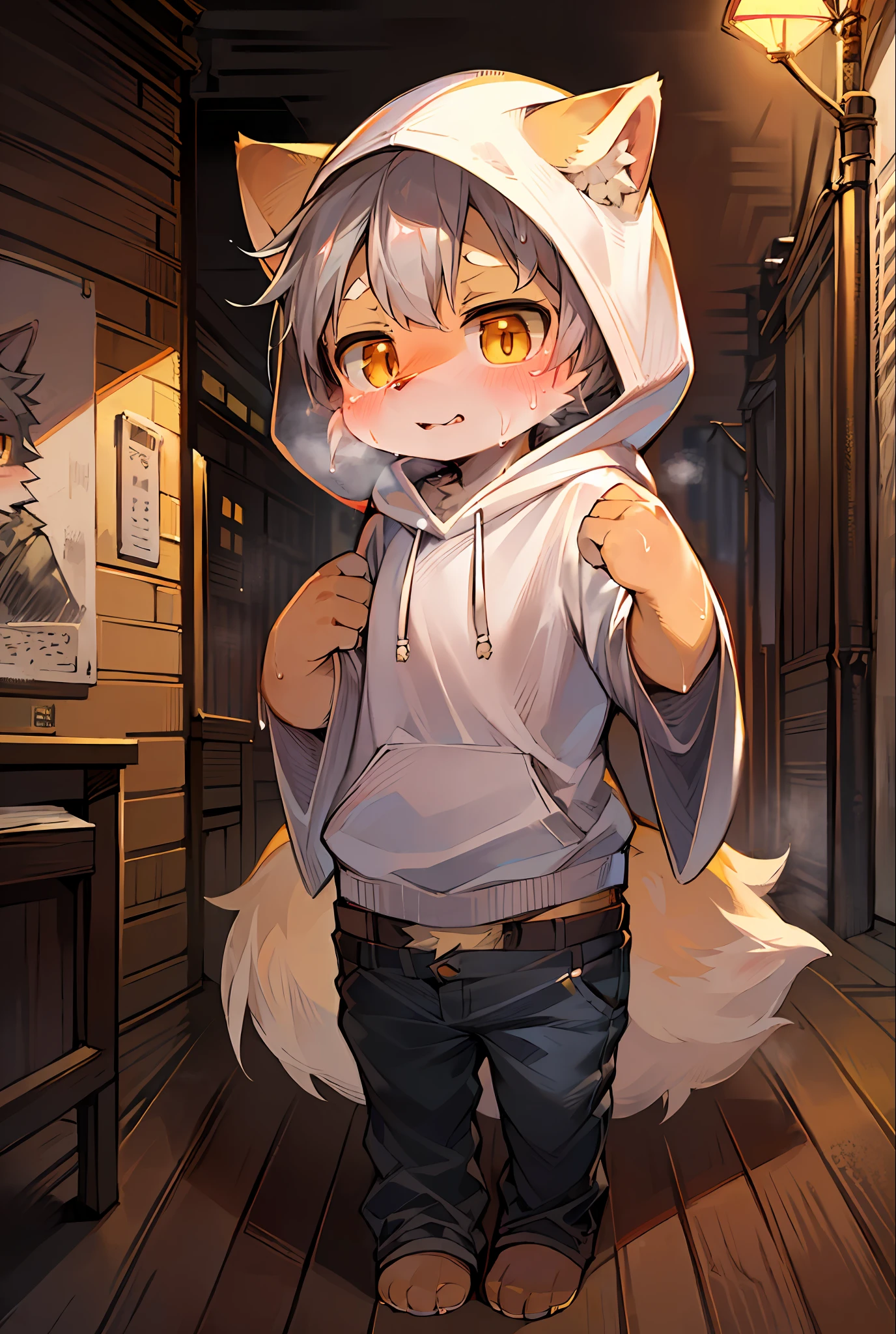 Masterpiece, high quality, absurd resolution, digital painting \ (artwork\), by dagasi, yupa, kiyosan, (fluffy fur, golden fur, full body fur, wolf type, shota, male: 1.2), anthro male cat. Orange-yellow eyes, bright eyes, gray hair, panorama, character focus. Detailed background, (white hood, sweaty all over: 1.3), (clothes wet, pants wet: 1.2)