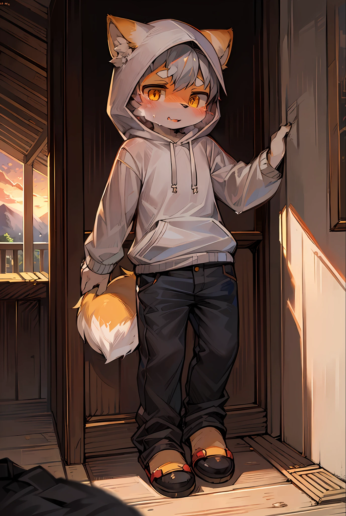 Masterpiece, high quality, absurd resolution, digital painting \ (artwork\), by dagasi, yupa, kiyosan, (fluffy fur, golden fur, full body fur, wolf type, shota, male: 1.2), anthro male cat. Orange-yellow eyes, bright eyes, gray hair, panorama, character focus. Detailed background, (white hood, sweaty all over: 1.3), (clothes wet, pants wet: 1.2)
