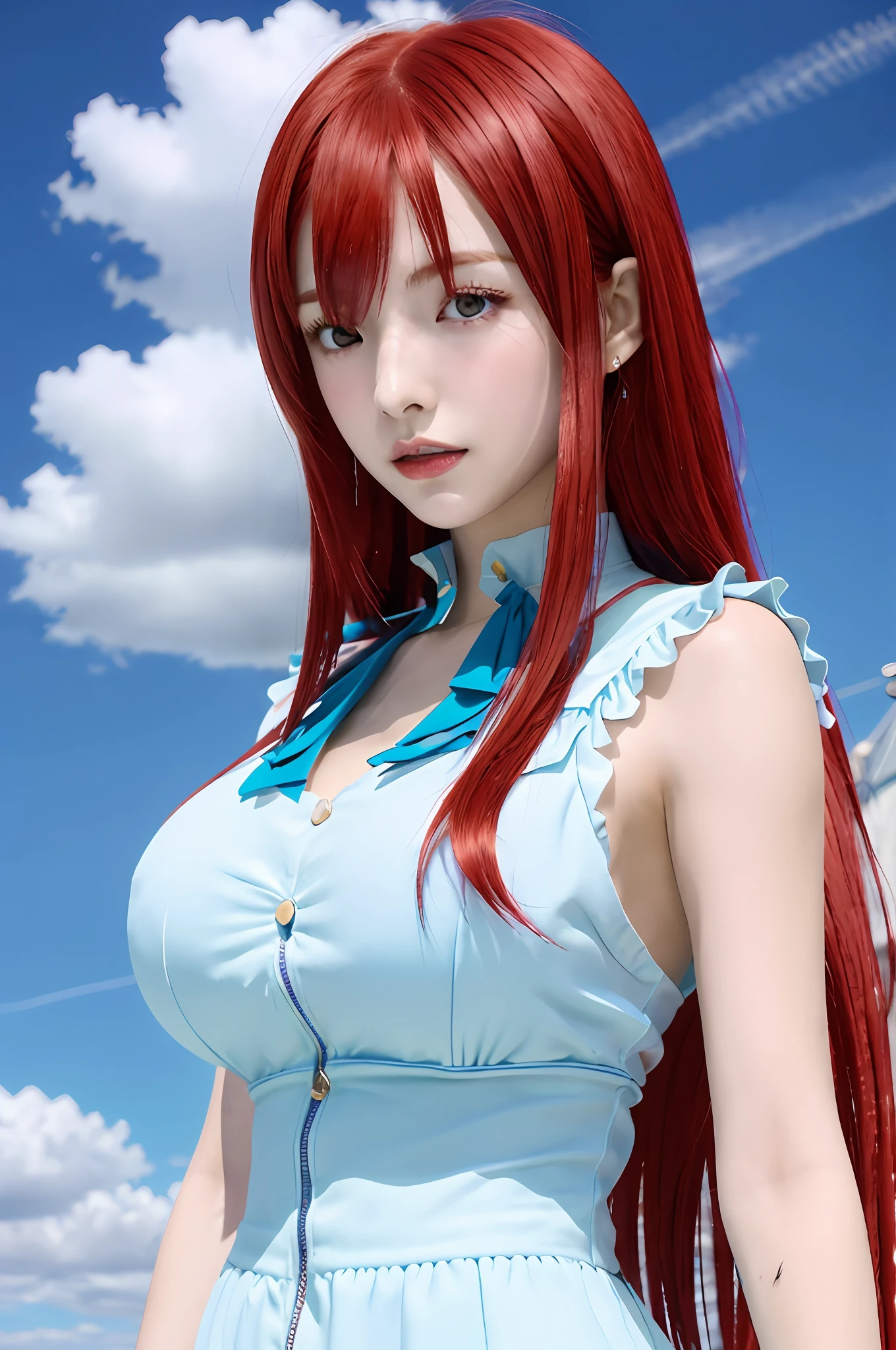 arafly dressed woman with red hair and blue dress posing for a picture, erza scarlet as a real person, anime girl in real life, erza scarlet, anime girl cosplay, erza from fairy tail, red haired goddess, hyper realistic anime, asuka, photorealistic anime, anime goddess, with red hair, photorealistic anime girl render