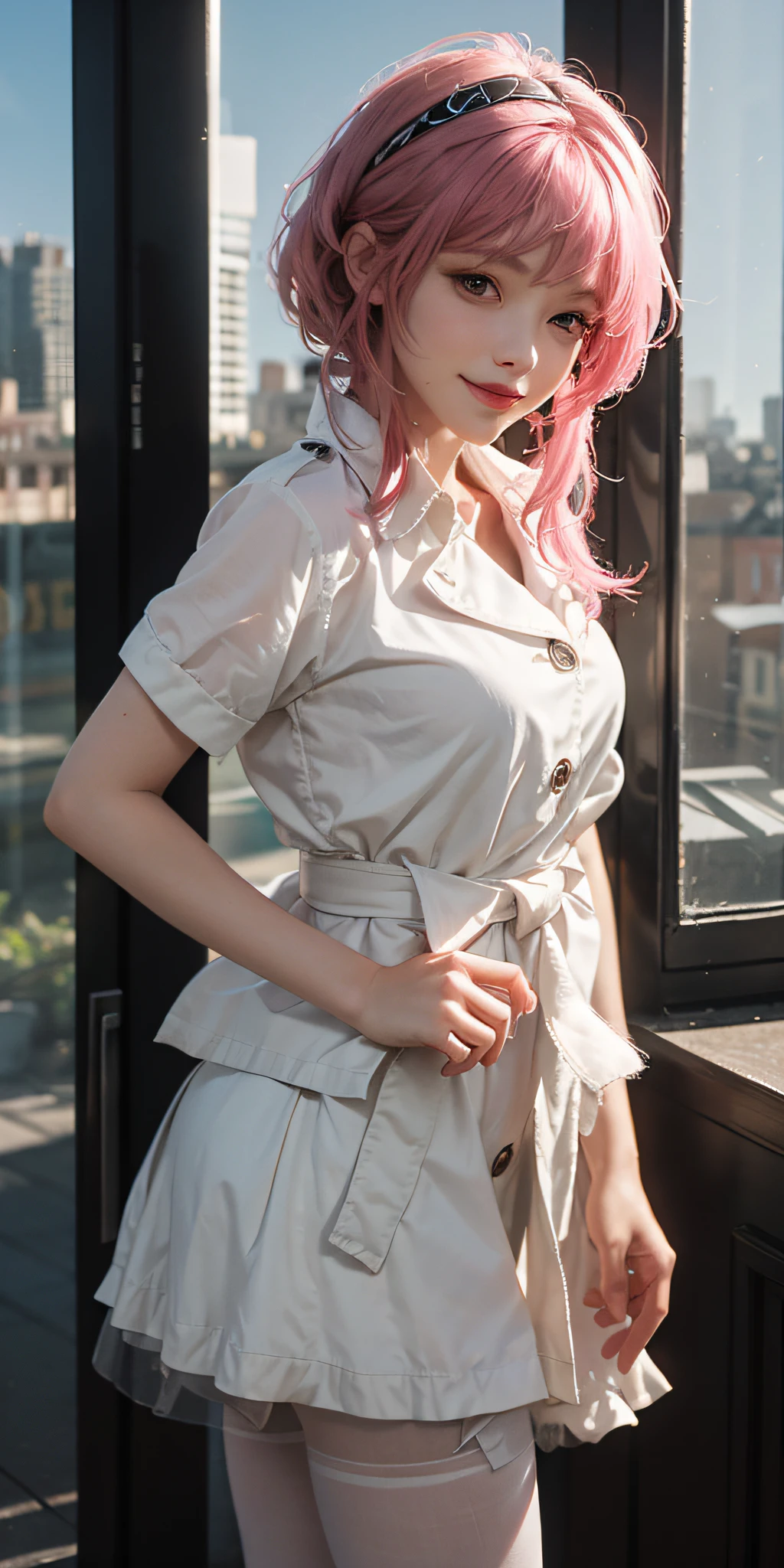 Best Quality, Masterpiece, High Resolution (Realistic: 1.4), 4K, 1 Girl, JKstyle, Short Sleeves, Skirt, Smile, , City View, Indoors, Hair Tie, Head Tilt, Headband, Trench Coat, Pink Hair, Texture, Window, plaid_skirt, High Quality Shadow, White Pantyhose, Single Light Source, Blurred Foreground, Depth of Field, Low Profile, Cinematic Lighting,