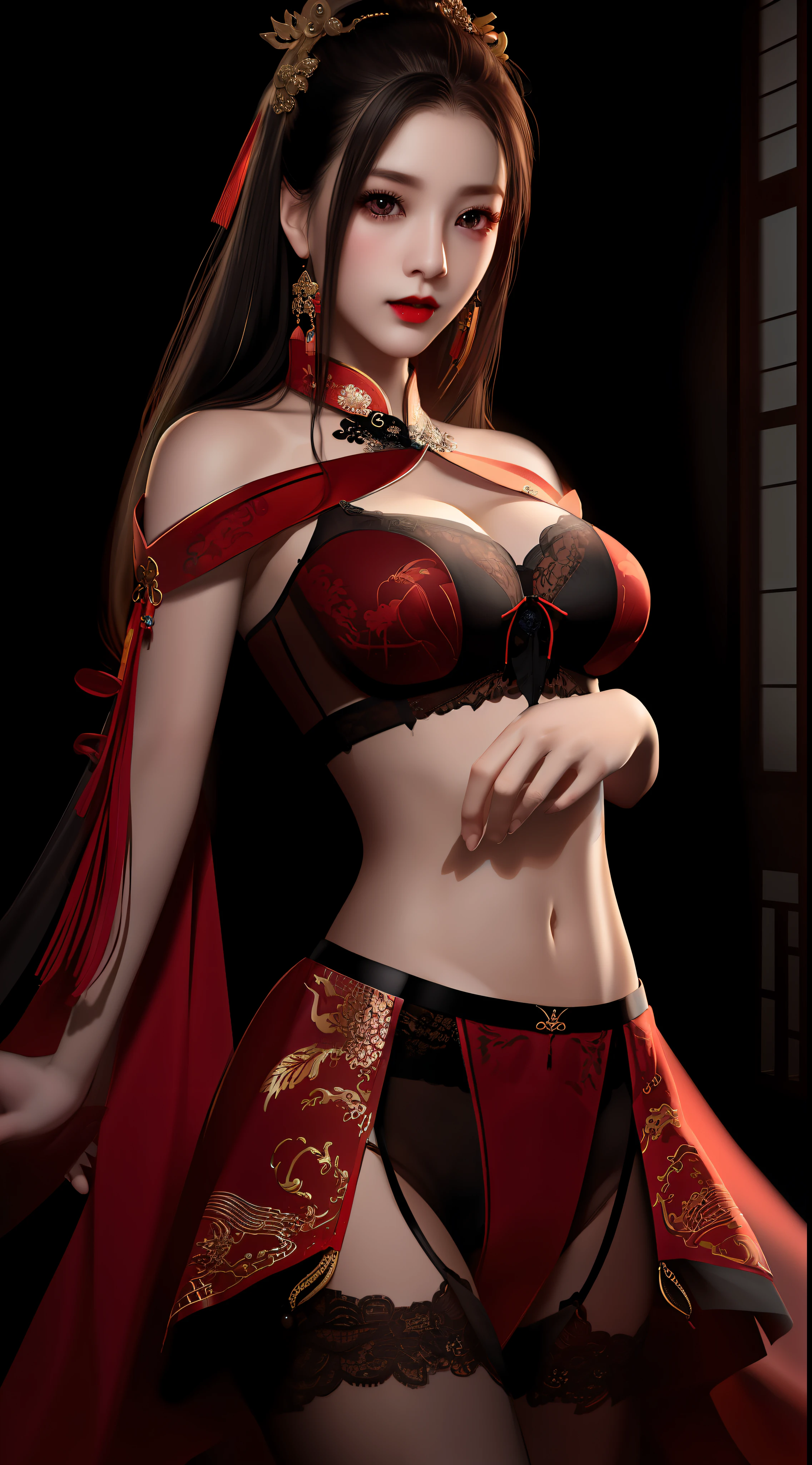Realistic, 1 girl, see-through chinese armor soft red black, very large breasts, black hair, red lips, detailed eyes , dark backgrou,,Low light, Chinese underwear, best face, Low light landscape, sexy style, royal, Penetration , chinese underwear,bust, Dark background, Detailed face, taken from the belly up, Transparent