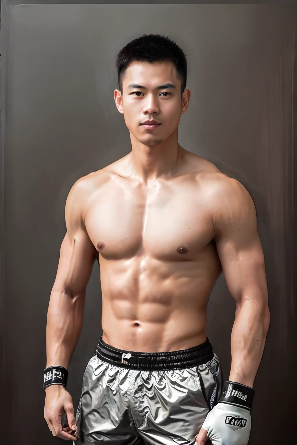 Masterpiece, Best Quality, Muay Thai, Boy, Buakaw Banchamek, Black Flat Head, Bronzed Skin, Asian, Naked Top, Boxing Shorts, Abs Showcase, Full Body Close-Up, Victory Pose, Gray Background, Soft Lighting, Film Grain Effect, Midjourney and Greg Rutkowski's Fujifilm XT3 Painting Art.