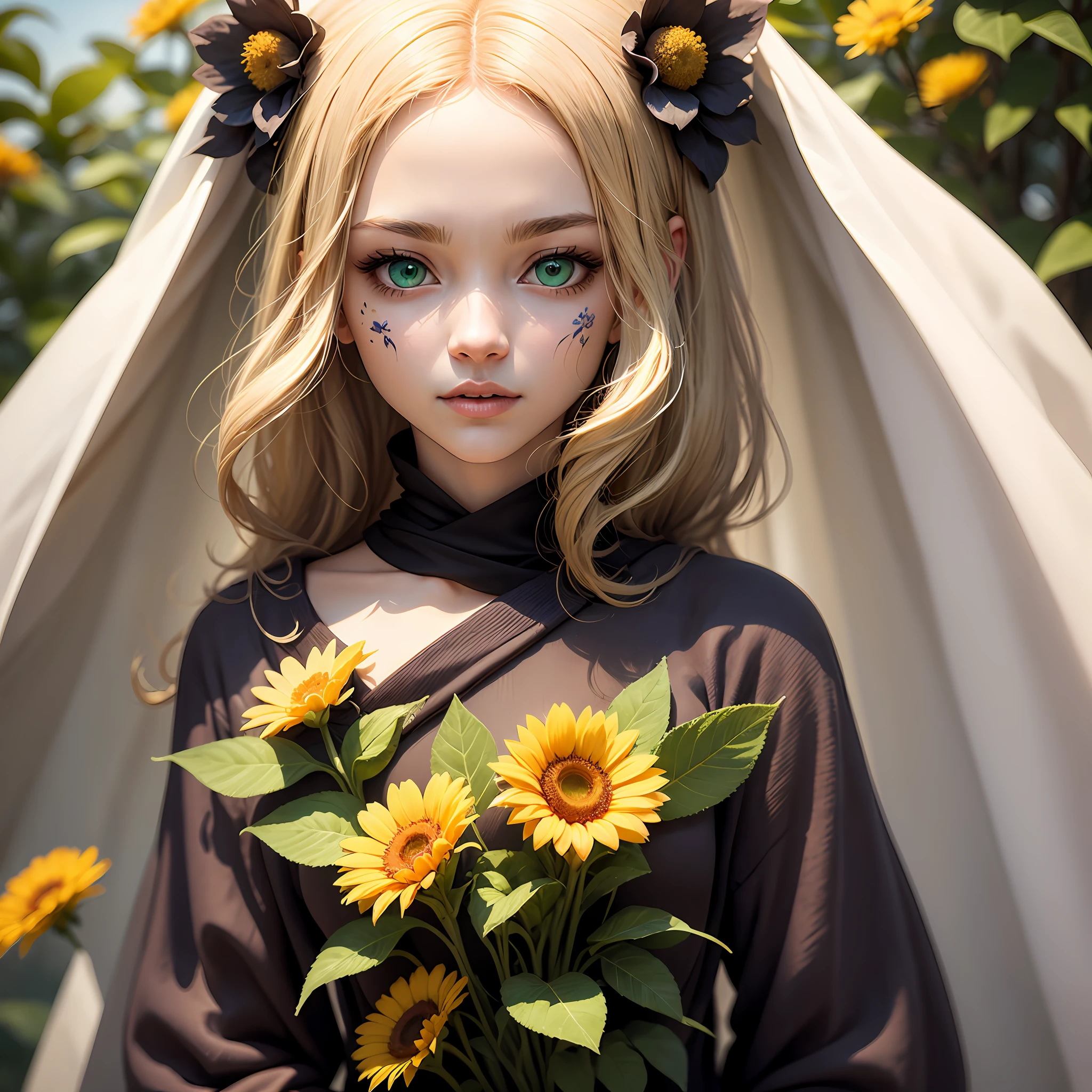 Woman hair soon blonde, green eyes, with flowers on her face, whole body covered with flowers, harmonic image of nature --auto