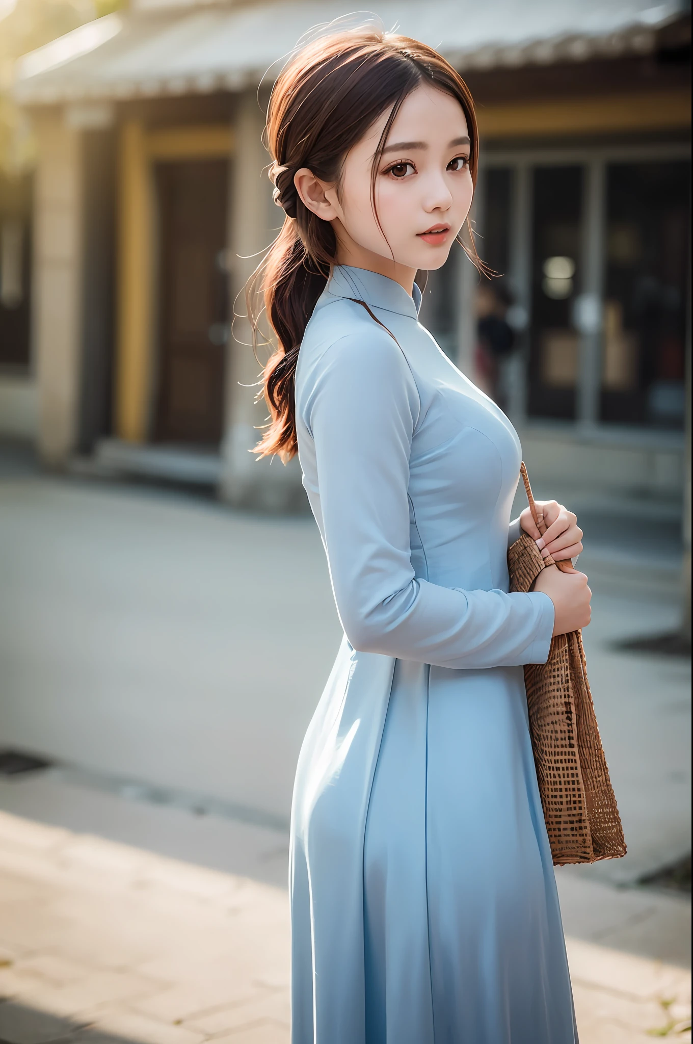 a beautiful girl in vintage colors aodai , masterpiece, best quality, realistic:1.3, street, holding bundle of adubon flowers, sunlight, backlighting, vignette