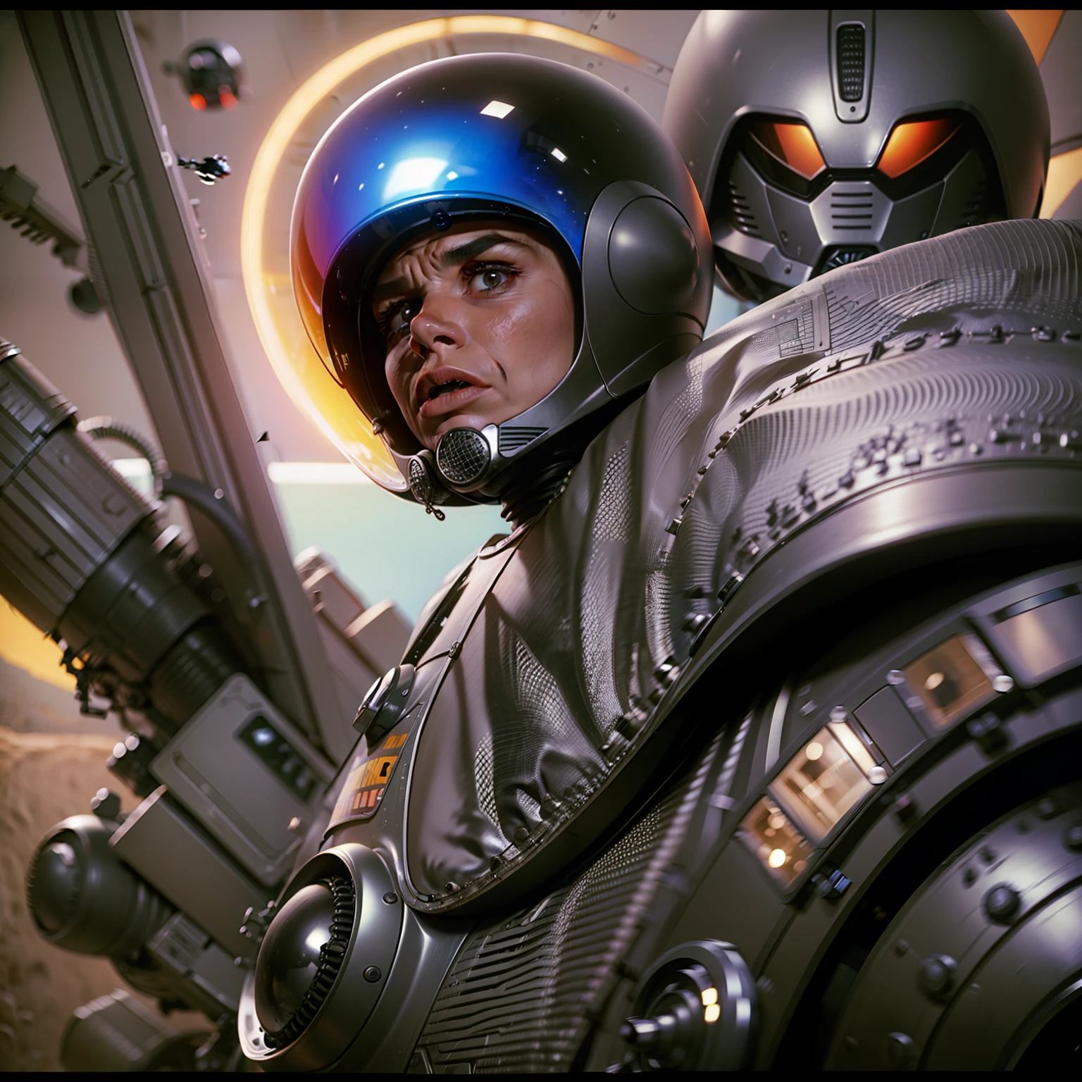 retrofuturism style, ALIENS AND WARFARE🏍👽🤖👾70'S TV SERIES STYLE