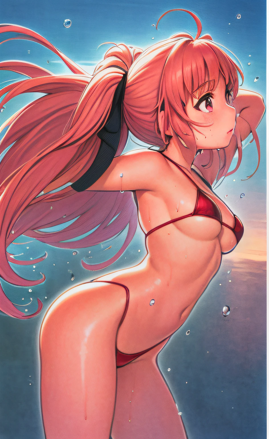 Kyoko Sakura, (NSFW: 1.3), Breasts Closer, Pose To Emphasize Breasts, Ponytail, Red Hair, Breasts Rubbing, One Girl, Face and Chest Up, (Red Micro Bikini), Wet Clothes, Young, Cute, Beautiful Girl, Colossal, Wet Body, Perfect Body, Best Quality, Best Quality, Ultra High Definition, Masterpiece, Seductive Anime Girl, Beautiful Charming Anime , Clean detailed anime art, high resolution anime art, fine detail anime, loliime girl, ecchi, ecchi anime style, wet swimsuit, anime artwork,