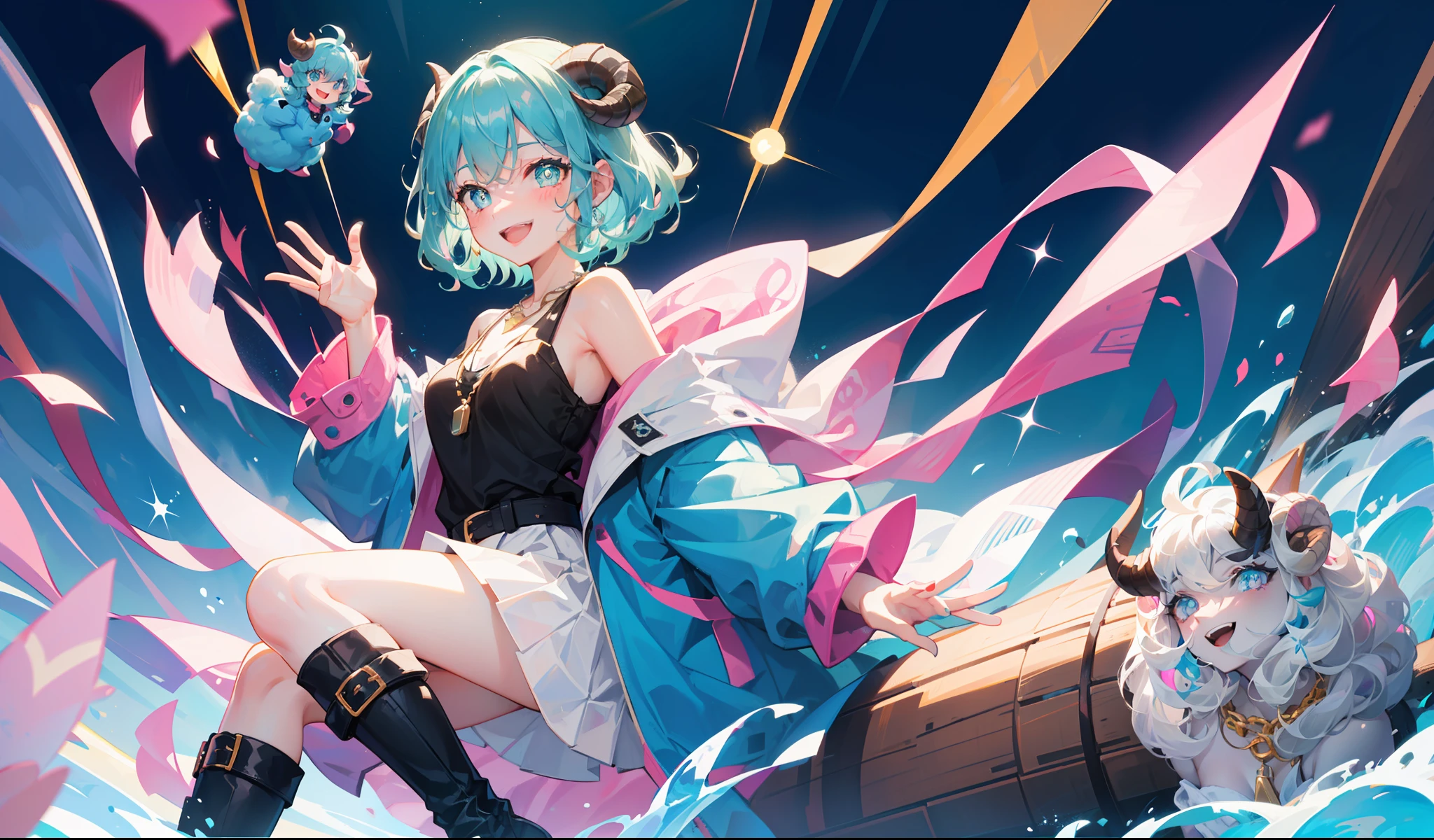 sheep girl, curly and messy hair, (short hair), (cyan hair), (rectangular pupils), blue sheep eyes, black goat horns, wearing a blue overol, with a necklace, with a pink coat on her shoulders, black boots, happy, cheerful, smiling, playful, cute, beautiful, dynamic pose, (1girl), female, solo, splashart, detailed face