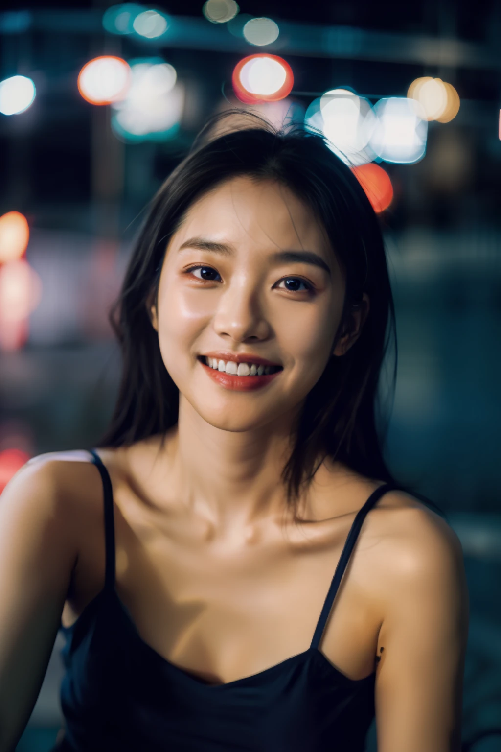 1girl, idol, model, depth of field, photo, film, face, skinny, smile, collarbone,  teeth, movie, camisole, selfie, night,