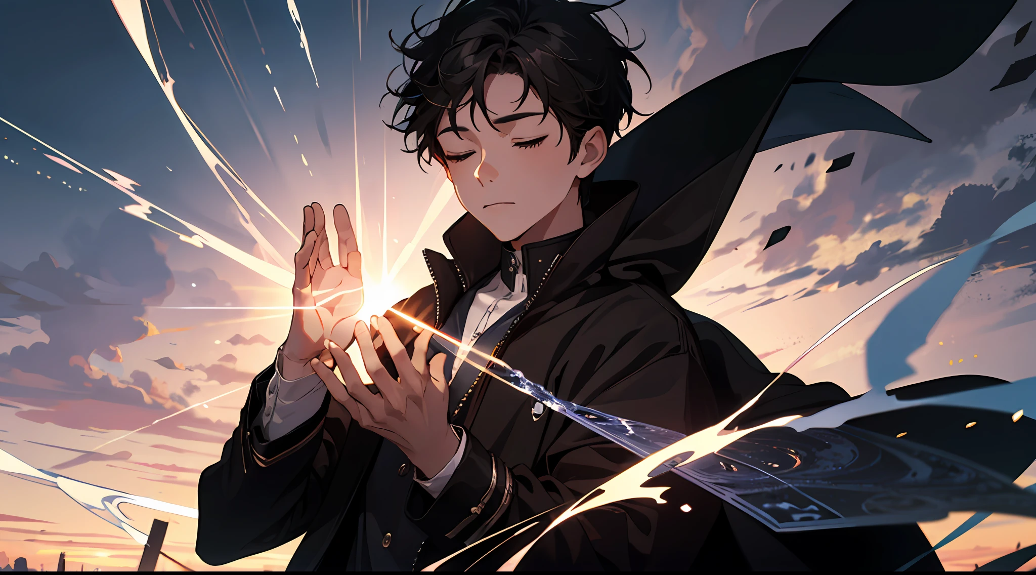 (Absurd, High Resolution), 16k, (Panorama), Little Boy, Teenager, Closed Eyes, Open Hands, Short Hair, Black Hair, Black Coat, White Underwear, Extreme Detail, Lightning, Magic, Magic Array, Exaggerated Light, Shine, Magic, Floating, Dusk