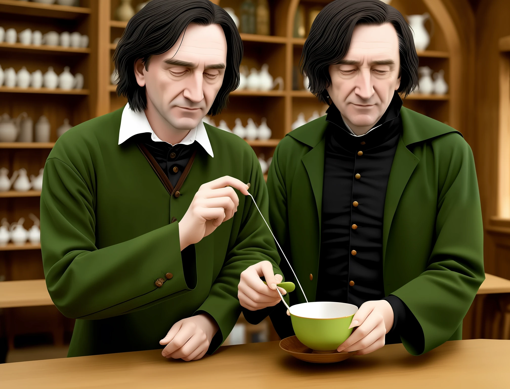 Realistic snape wearing a green wool blouse making tea