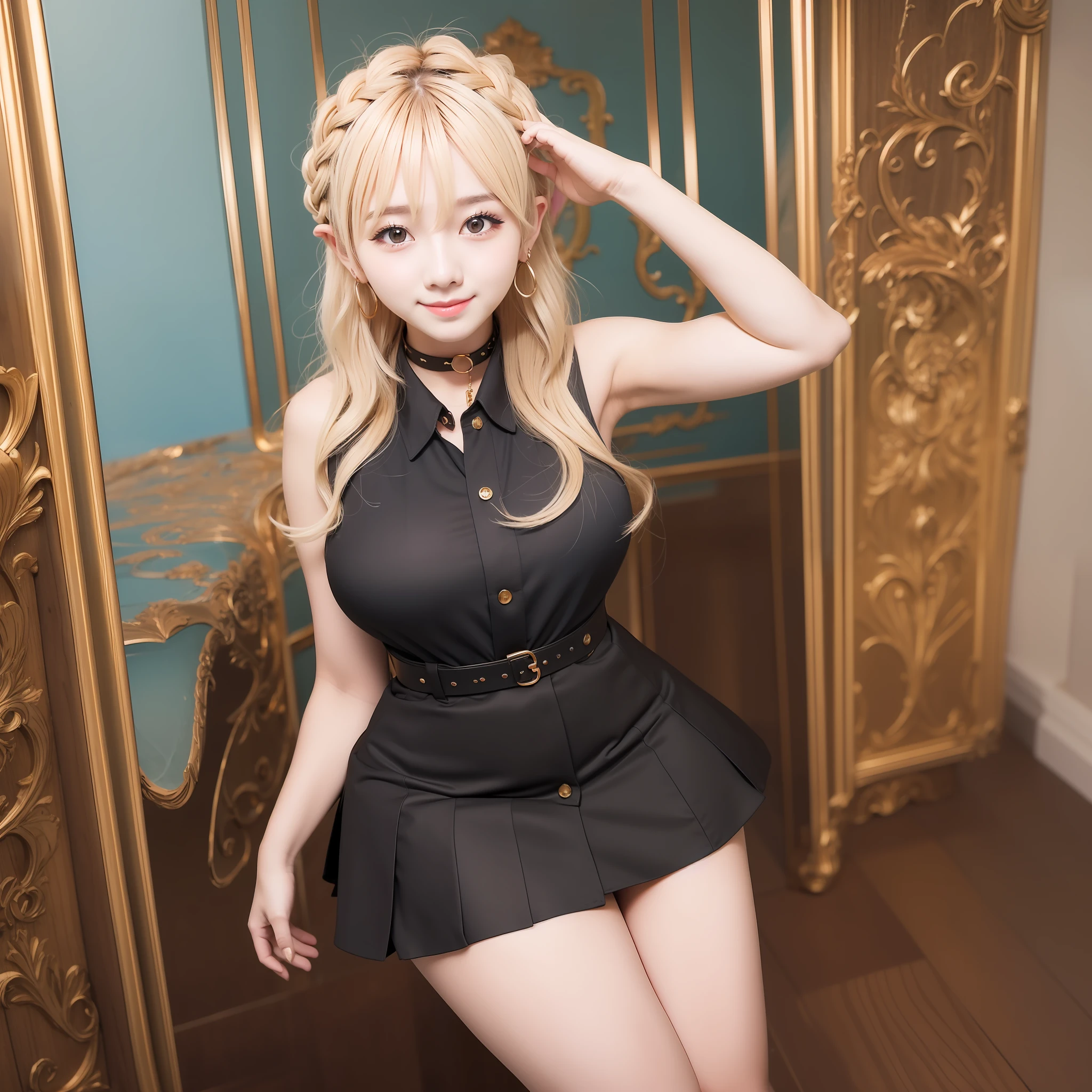 best quality, ultra high res, 1girl, sleeveless blue button shirt, black skirt, black choker, cute, (Kpop idol), (aegyo sal:1), (golden blonde hair:1), short braided hair, ((puffy eyes)), looking at viewer, (((full body))), wide view, facing front, glow skin, smile, thick ass