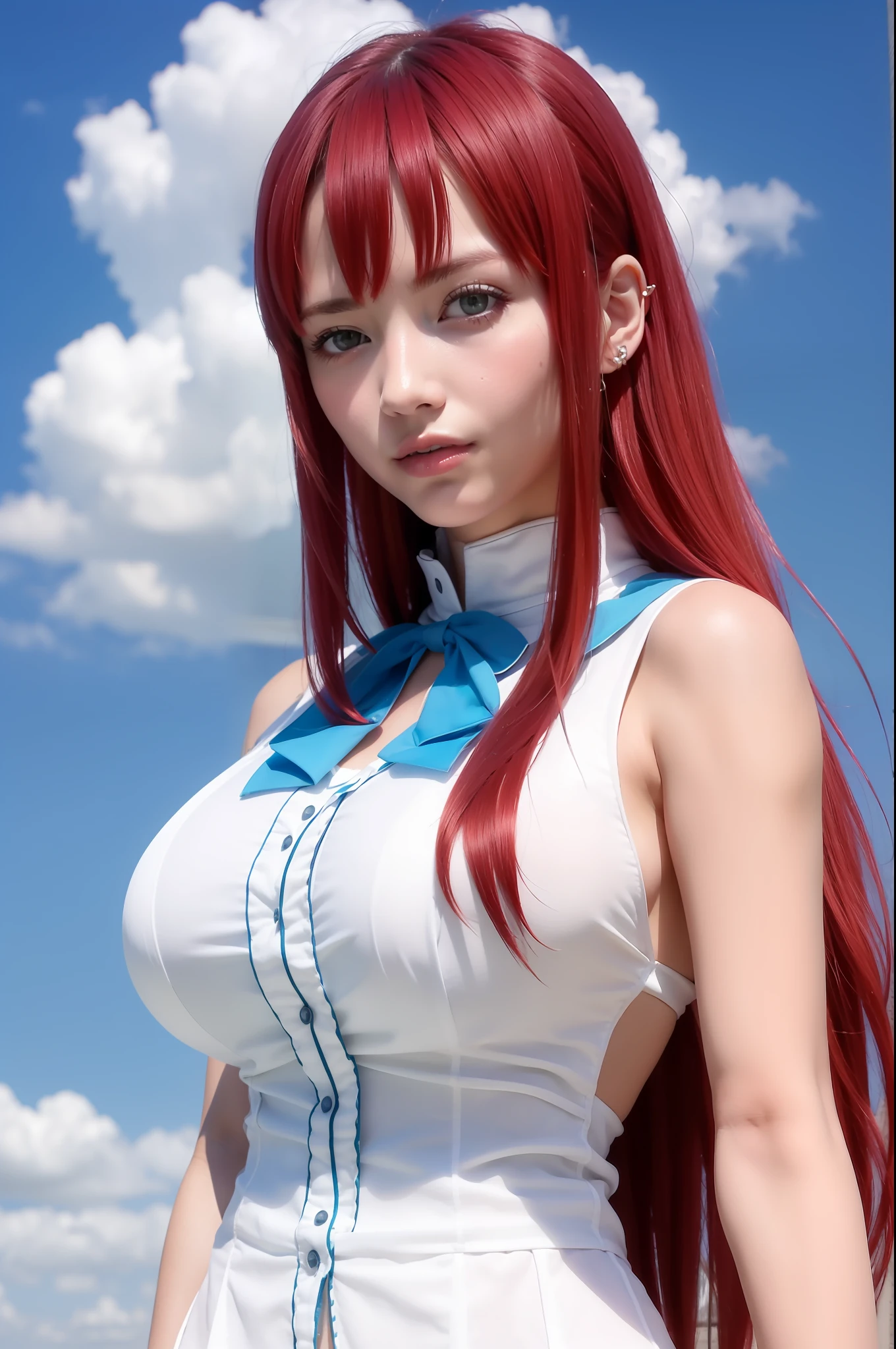 1girl, beautiful, long hair, red hair, big breasts,
