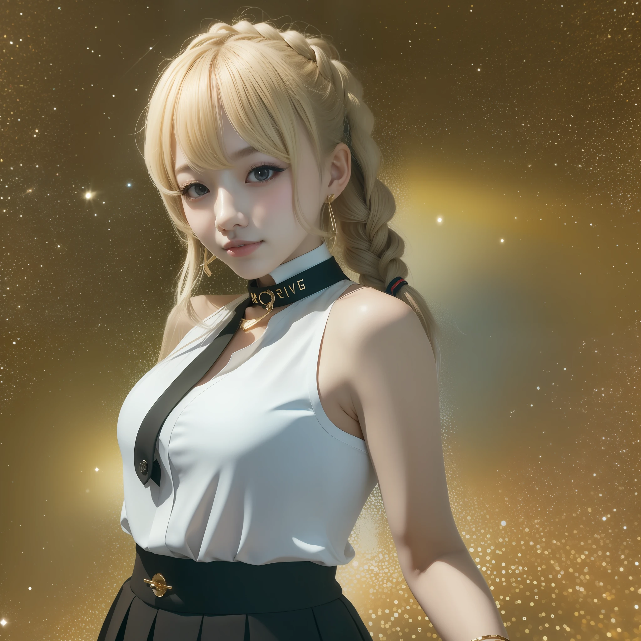 best quality, ultra high res, 1girl, sleeveless blue button shirt, black skirt, black choker, cute, (Kpop idol), (aegyo sal:1), (golden blonde hair:1), short braided hair, ((puffy eyes)), looking at viewer, (((full body))), wide view, facing front, glow skin, smile, thick ass