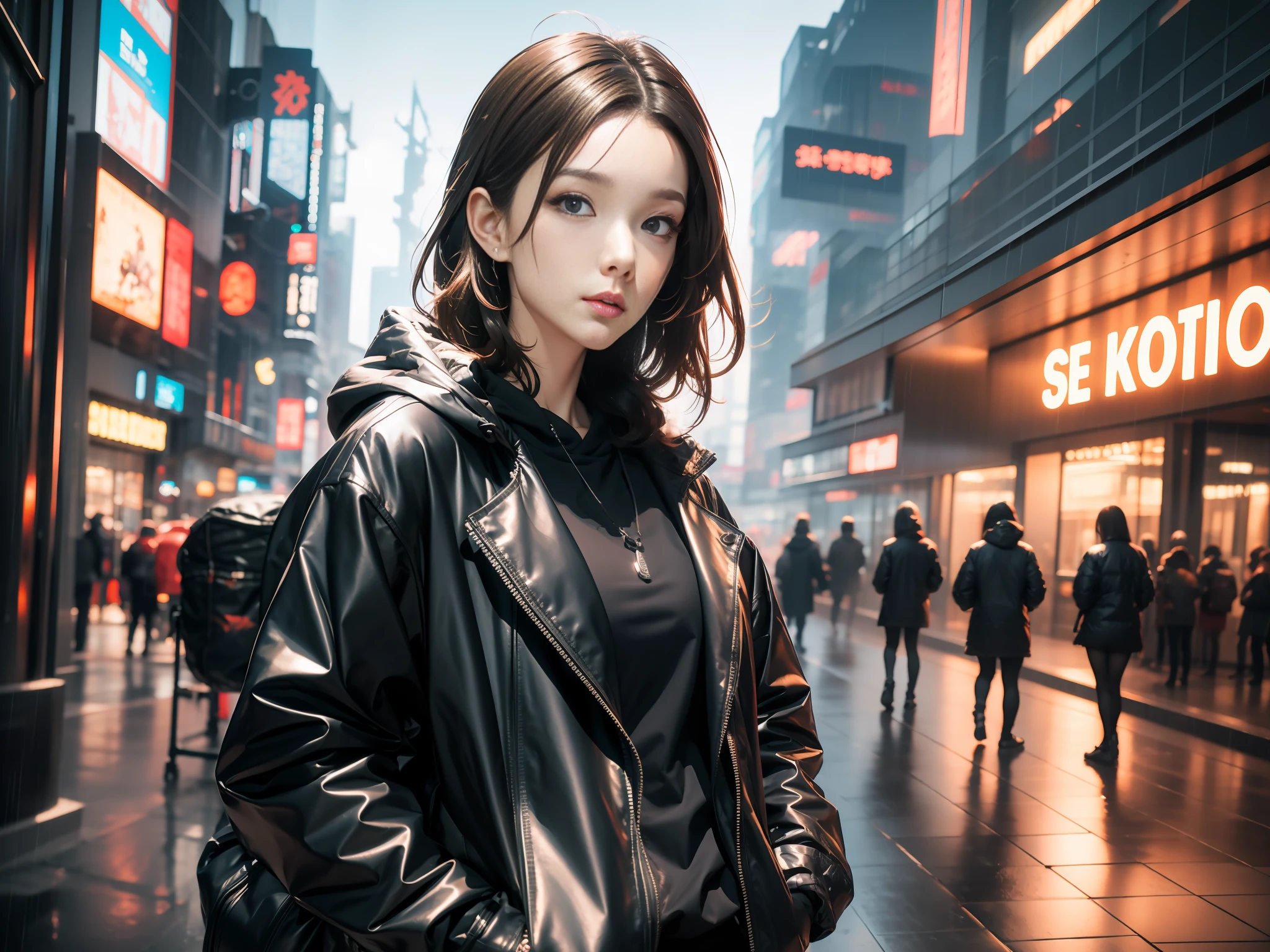 1girl, jacket, rain, outdoor, hoodie, open jacket, chain, backpack, messy hair, trend on artstation, 8k resolution, very detailed, anatomically correct, clear picture Cyberpunk Korean casual wear heavy rain casual clothes tall leg length modern technology Exquisite face