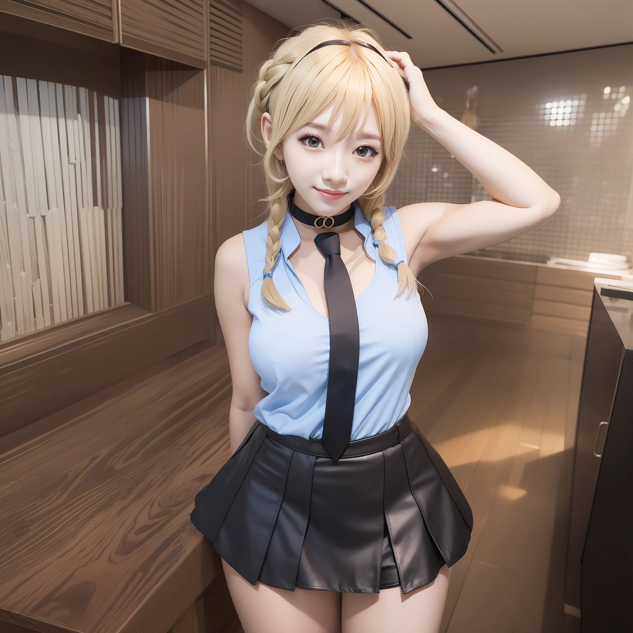 best quality, ultra high res, 1girl, sleeveless blue button shirt, black skirt, black choker, cute, (Kpop idol), (aegyo sal:1), (golden blonde hair:1), short braided hair, ((puffy eyes)), looking at viewer, (((full body))), wide view, facing front, glow skin, smile, thick ass