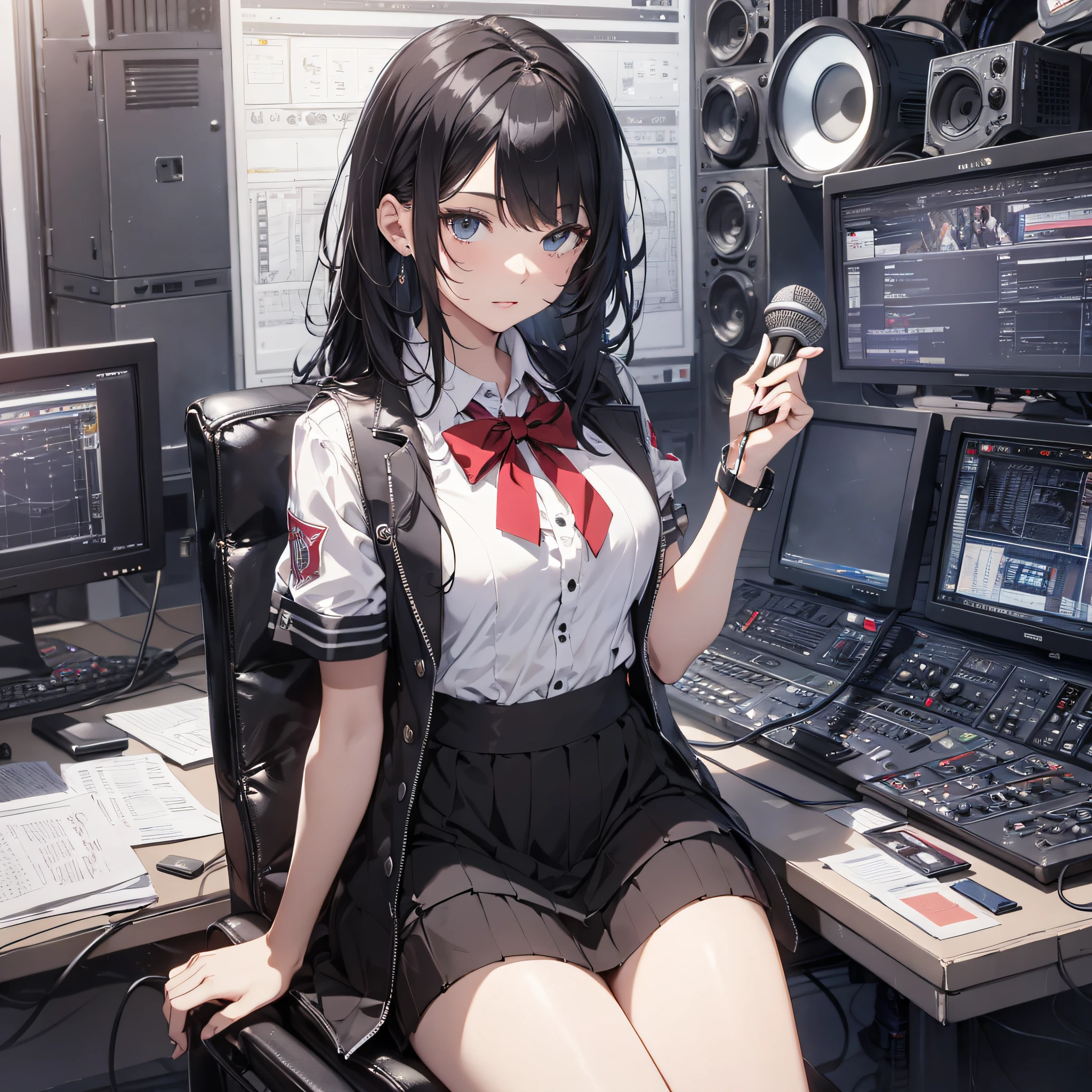Absurd resolution, high resolution, (masterpiece: 1.4), hyper-detailed, school dress up as a black-haired young woman, in a radio room, sitting, mic, looking at the camera