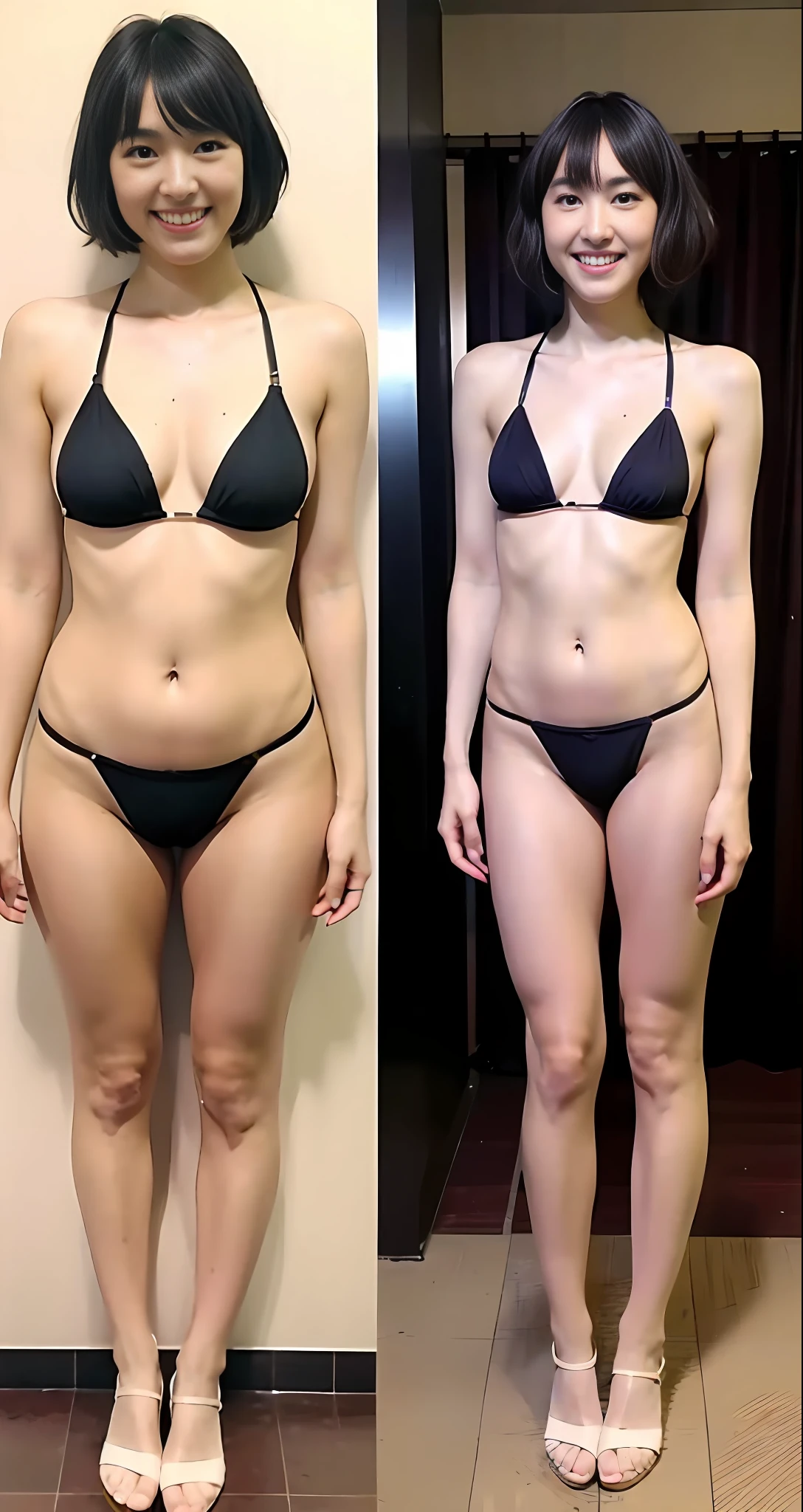 Top Quality, Masterpiece, Ultra High Resolution, (Photorealistic: 1.4), Raw Photo, 1 Girl, Japan Beauty, Beautiful Skin, Black Hair: 1.7, Gacky, (((Short Hair: 1.5)), 30 years old, Laughing happily: 1.2, Micro Bikini, Full Body Swimsuit