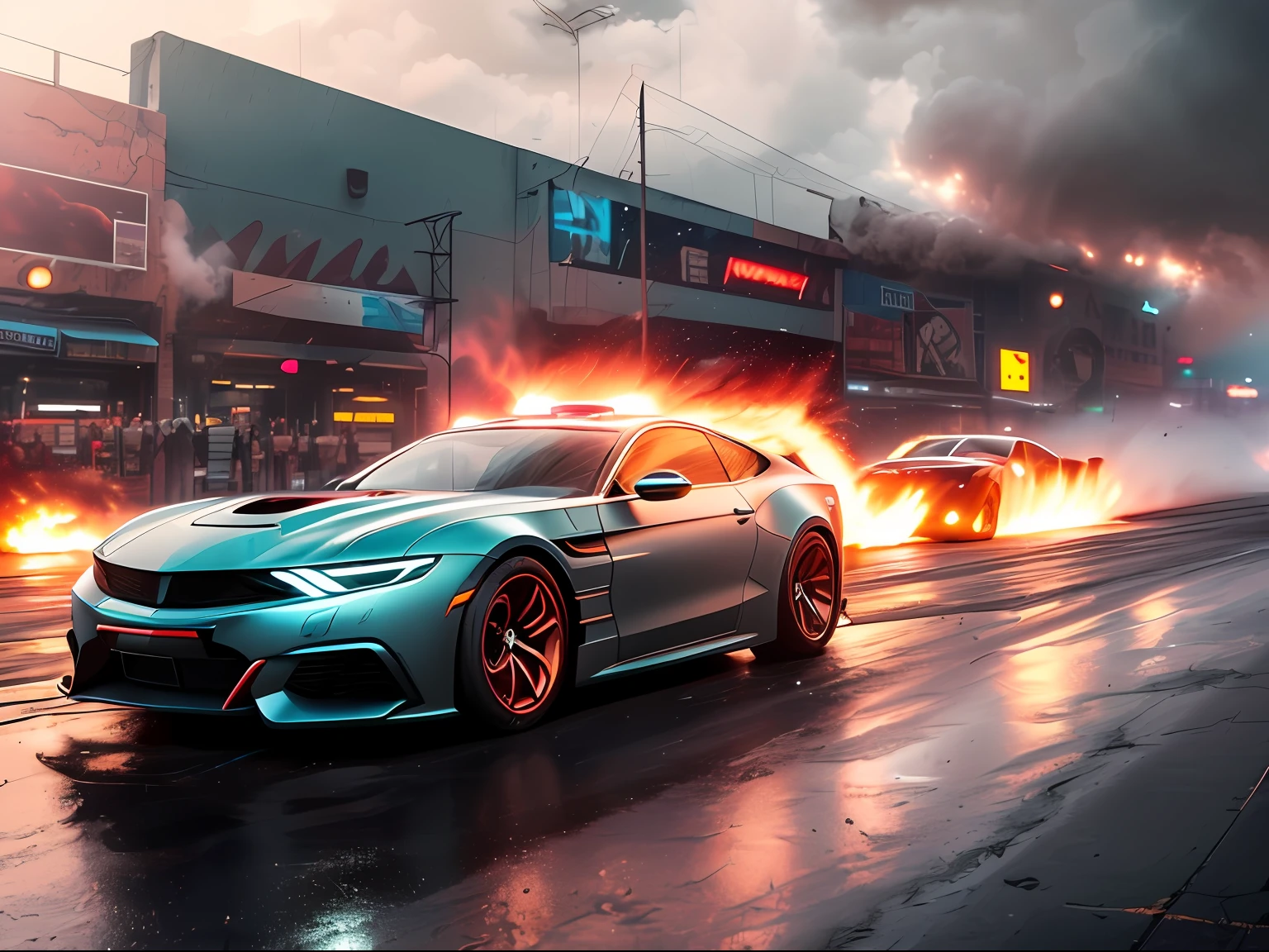 Future cars in a rainy day cyberpunk city ((cinematic lighting)), (medium view), car drifting, crazy drag racing, tire rubbing ground sparks, smoke and dust billowing (close-up, low motion blur), soft cinematic lighting, Adobe Lightroom, Photolab, HDR, huge detail, realism, professional photography