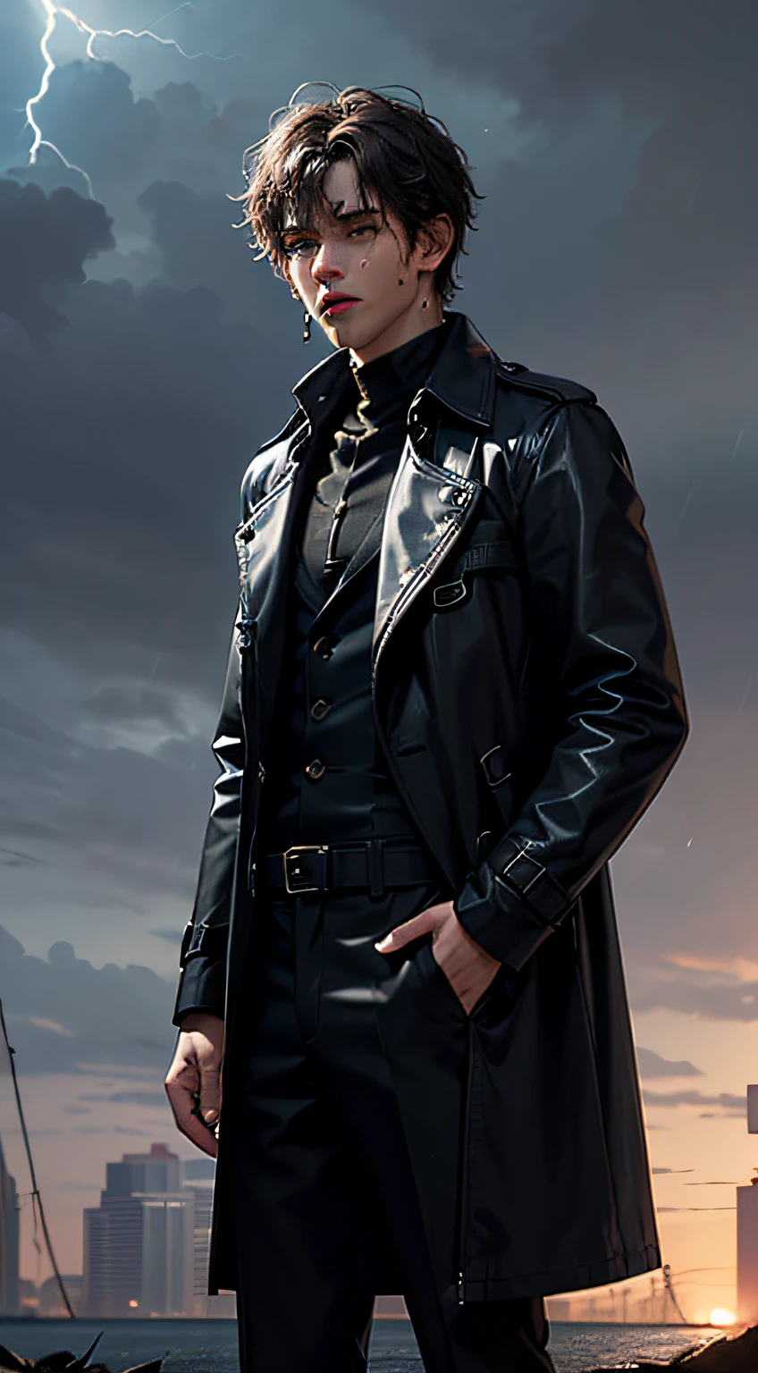 Best Quality, Masterpiece, Ultra High Resolution, (Fidelity:1.4), Photos, 1 Handsome Short Hair (((((Boy)))), Dim, Darkness, Lightning, Despair, Movie, Tears, Teardrops, ((Men)),(Black Suit, Black Trench Coat, Black Shirt), (Wet Clothes: 1.4), Standing on the Ground, Holding Yourself, Biting Lower Lip, Bare Shoulders, Real Rain, Wet Hair, (((Men)))