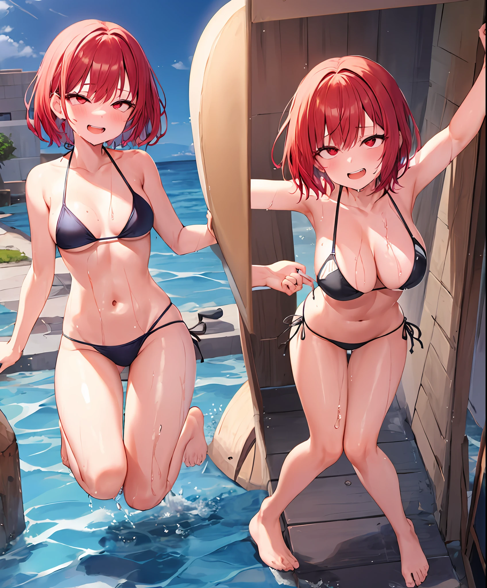 1girl, rolling eyes,
grin, drool, solo, smile,  tongue out, open mouth, small bikini, red hair, red eyes, full body, out of breath,  big breasts, short hair, slap butt, much saliva, wet body