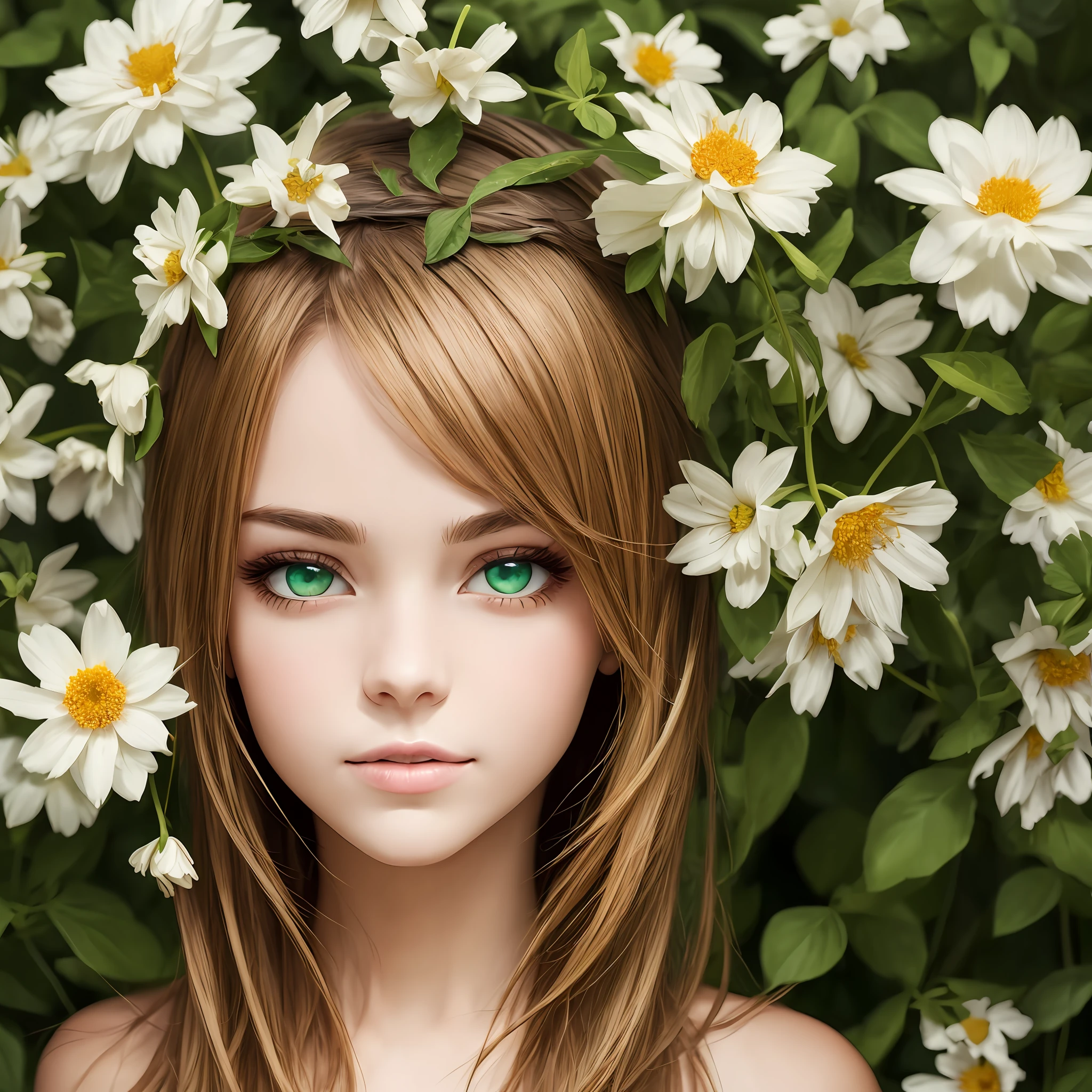 Woman hair soon blonde, green eyes, with flowers on her face, whole body covered with flowers, harmonic image of nature --auto