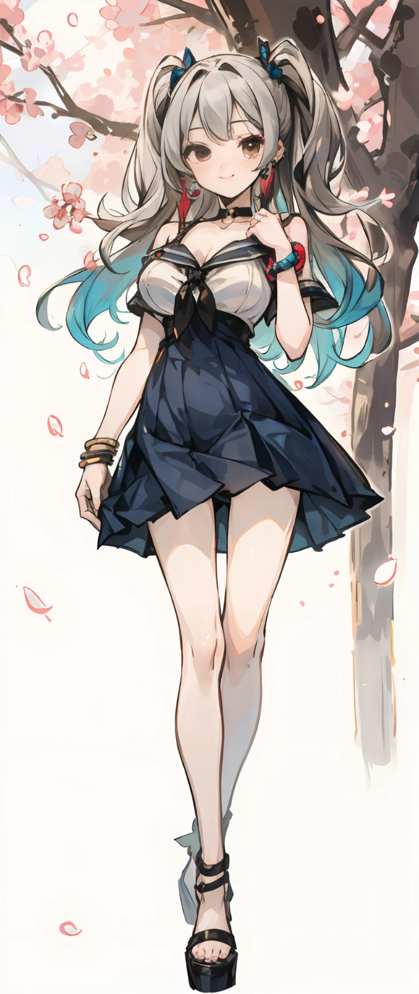 masterpiece, best quality, full body, 1girl, bangs, black choker, black tie, white hair, sticky swimsuit, sexy, blush, bracelet, large breasts, choker, collarbone, ear piercing, eyebrows visible through hair, gradient hair, smile, gyaru, jewelry, kogal, long hair, looking at the viewer, loose tie, tie, piercing, pleated dress, brown eyes, ring, swimsuit, smile, solo, sky, cherry blossoms, petals, illustration, elegant, woman, vibrant, armor, posing, front, colorful, dynamic, background with trees, confident, expression, holding, declaration, accessory, majestic, curled, around, bold, attention-grabbing, stylish, font, captivating, larger, impressive, modern, fashion, focus, fashion, anime style